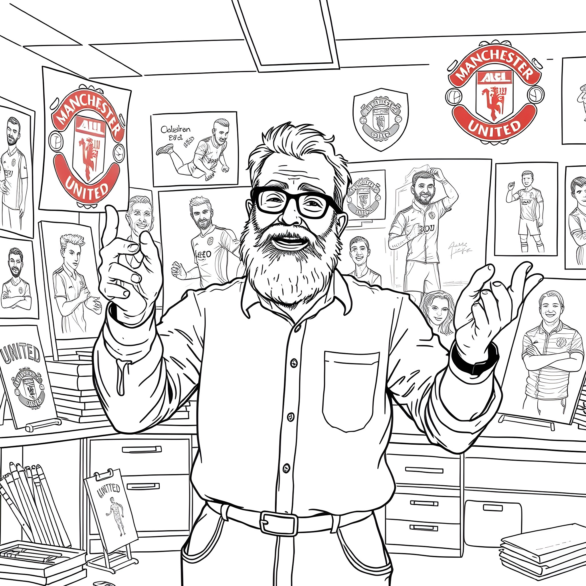Art Teacher Guiding Students in Manchester United Classroom Coloring Page (free black-and-white line drawing printable PDF for all, from beginners to advanced learners, including children, teens, adults, and seniors)