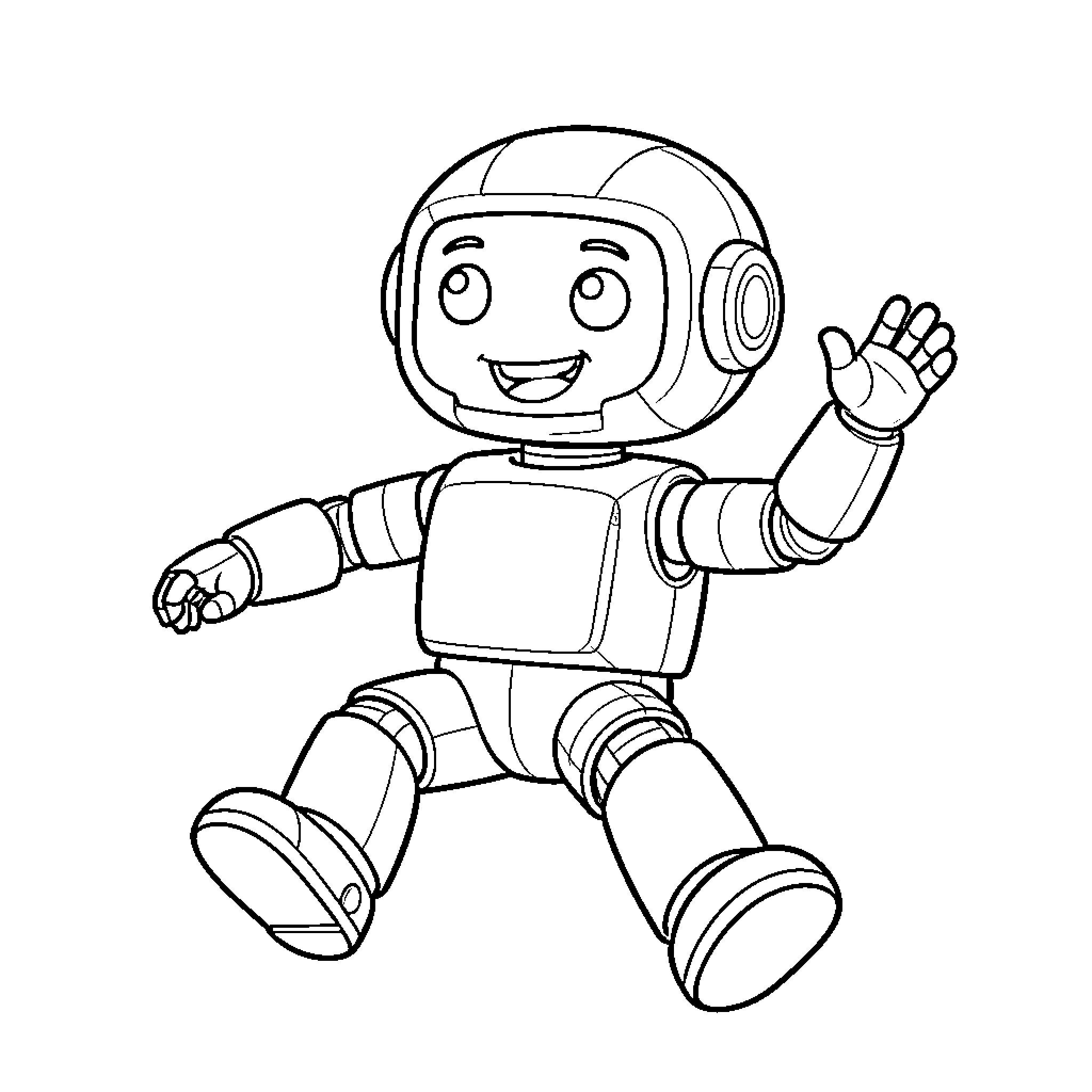Robot waving joyfully in a playful pose Coloring Page (free black-and-white line drawing printable PDF for all, from beginners to advanced learners, including children, teens, adults, and seniors)