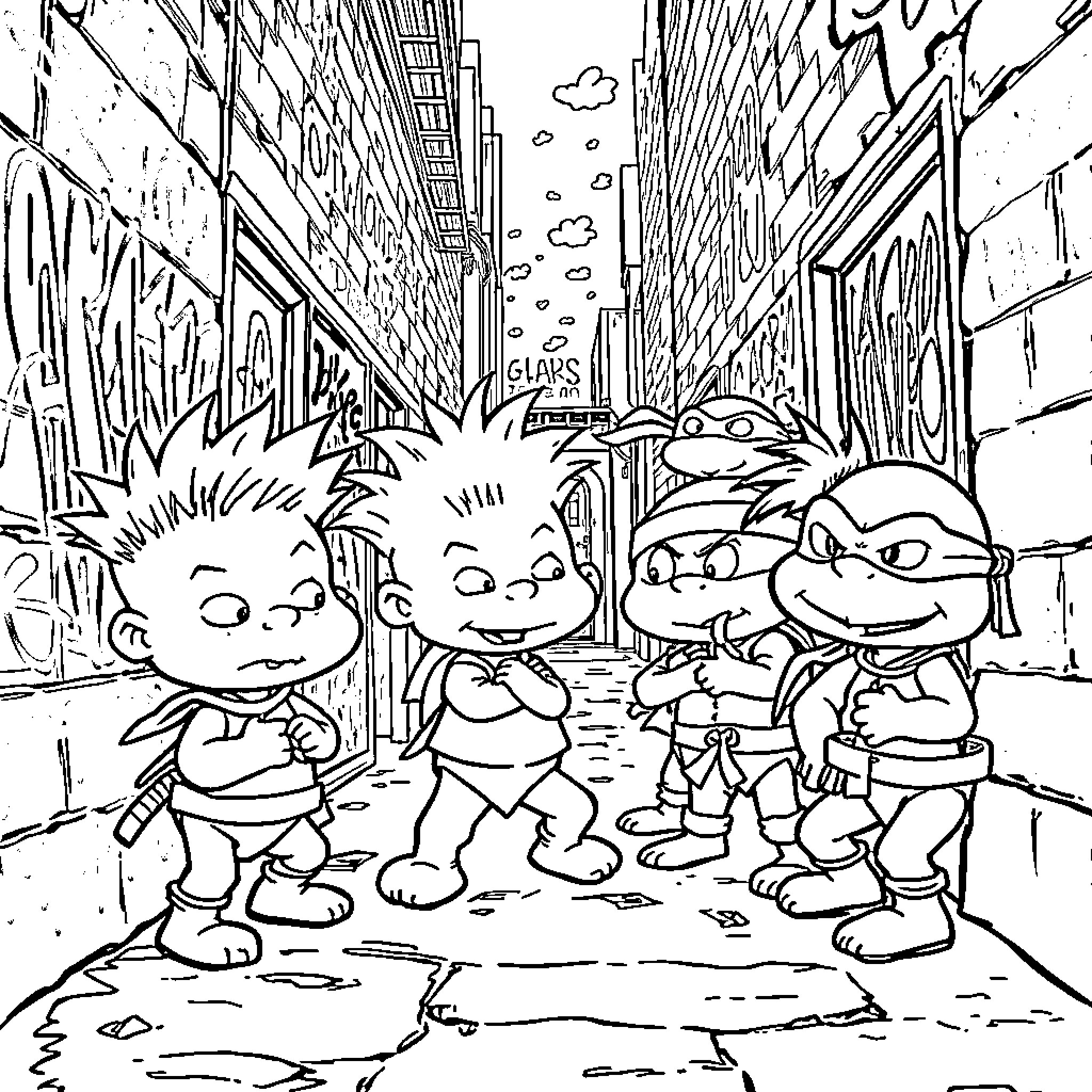 Rugrat friends explore the city streets Coloring Page (free black-and-white line drawing printable PDF for all, from beginners to advanced learners, including children, teens, adults, and seniors)