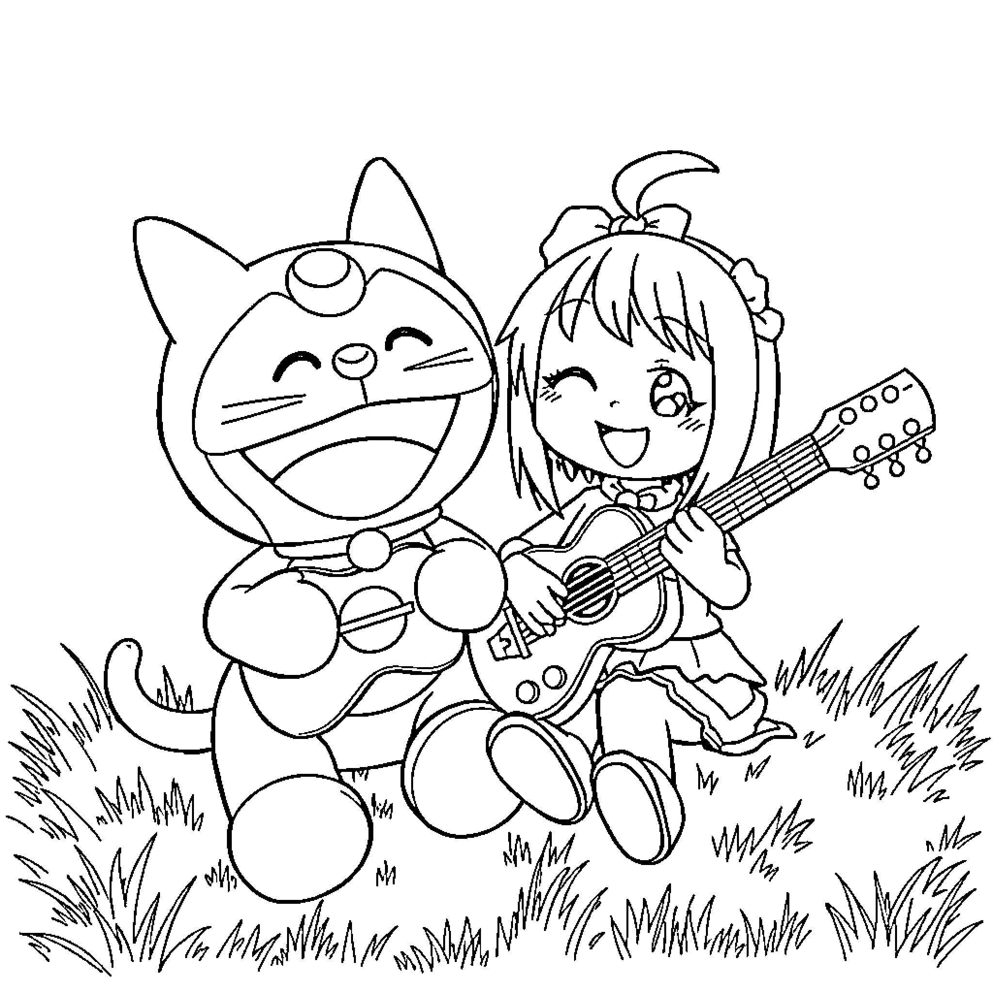 Doremon playing with a girl in the park Coloring Page (free black-and-white line drawing printable PDF for all, from beginners to advanced learners, including children, teens, adults, and seniors)