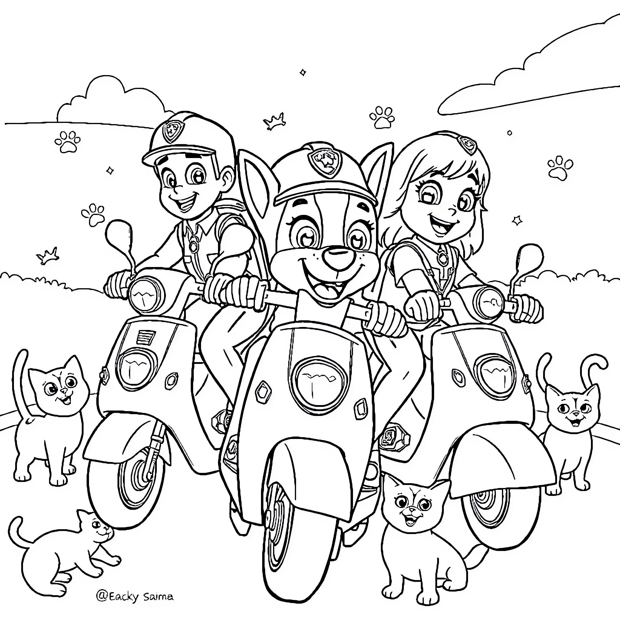 Paw Patrol riding scooters and exploring the city Coloring Page (free black-and-white line drawing printable PDF for all, from beginners to advanced learners, including children, teens, adults, and seniors)