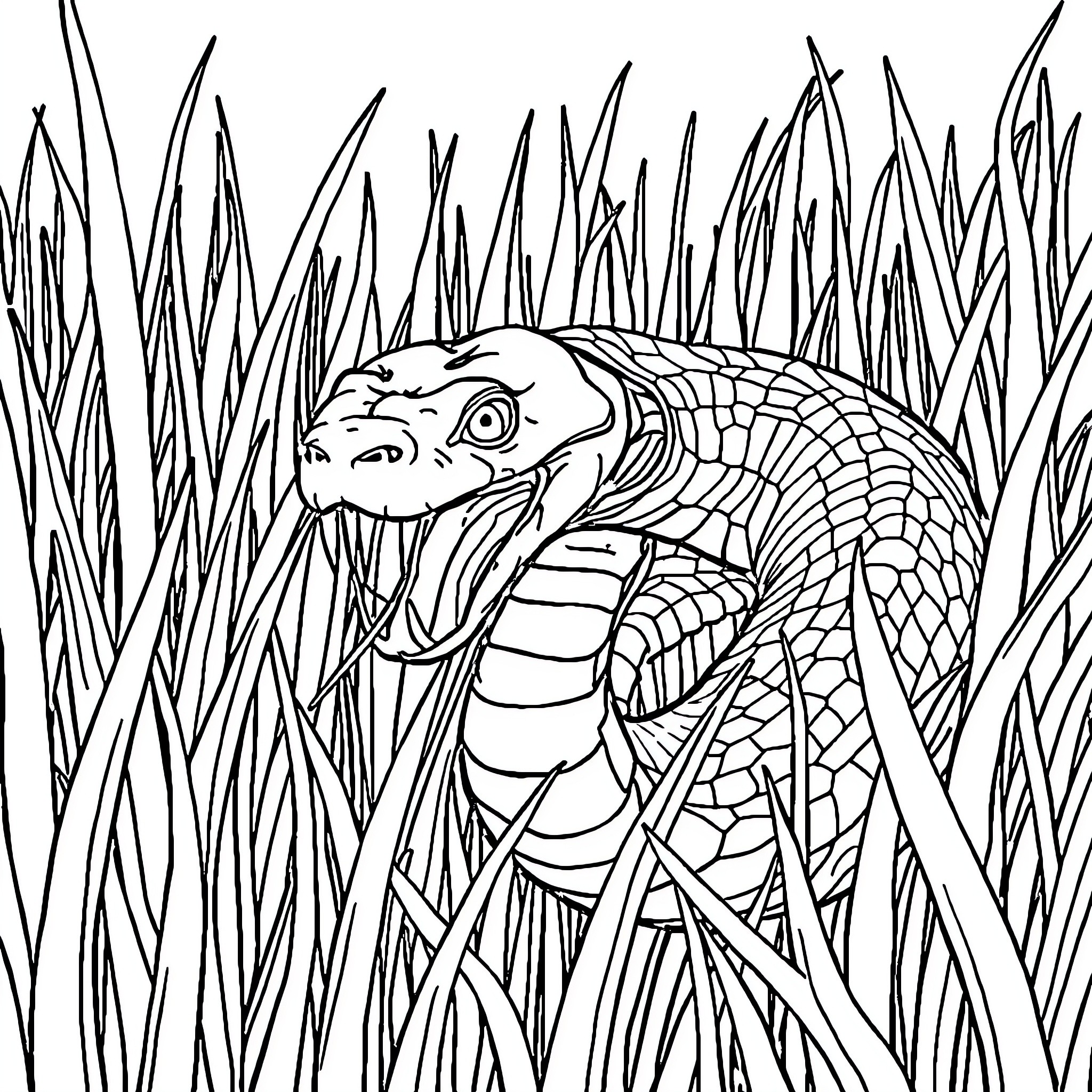 Snake slithering cautiously through tall grass Coloring Page (free black-and-white line drawing printable PDF for all, from beginners to advanced learners, including children, teens, adults, and seniors)