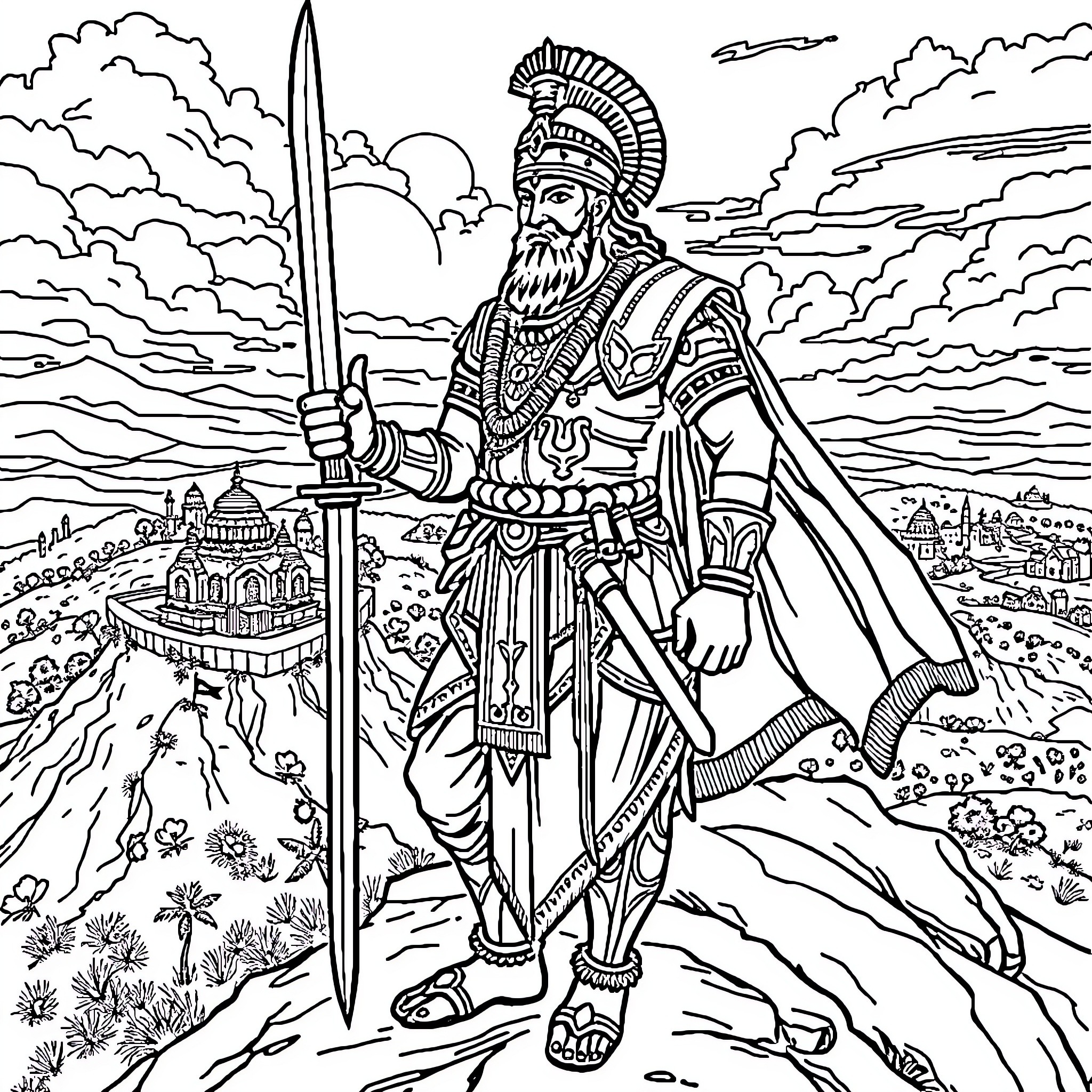 Shivaji Maharaj stands resolute with sword and armor Coloring Page (free black-and-white line drawing printable PDF for all, from beginners to advanced learners, including children, teens, adults, and seniors)