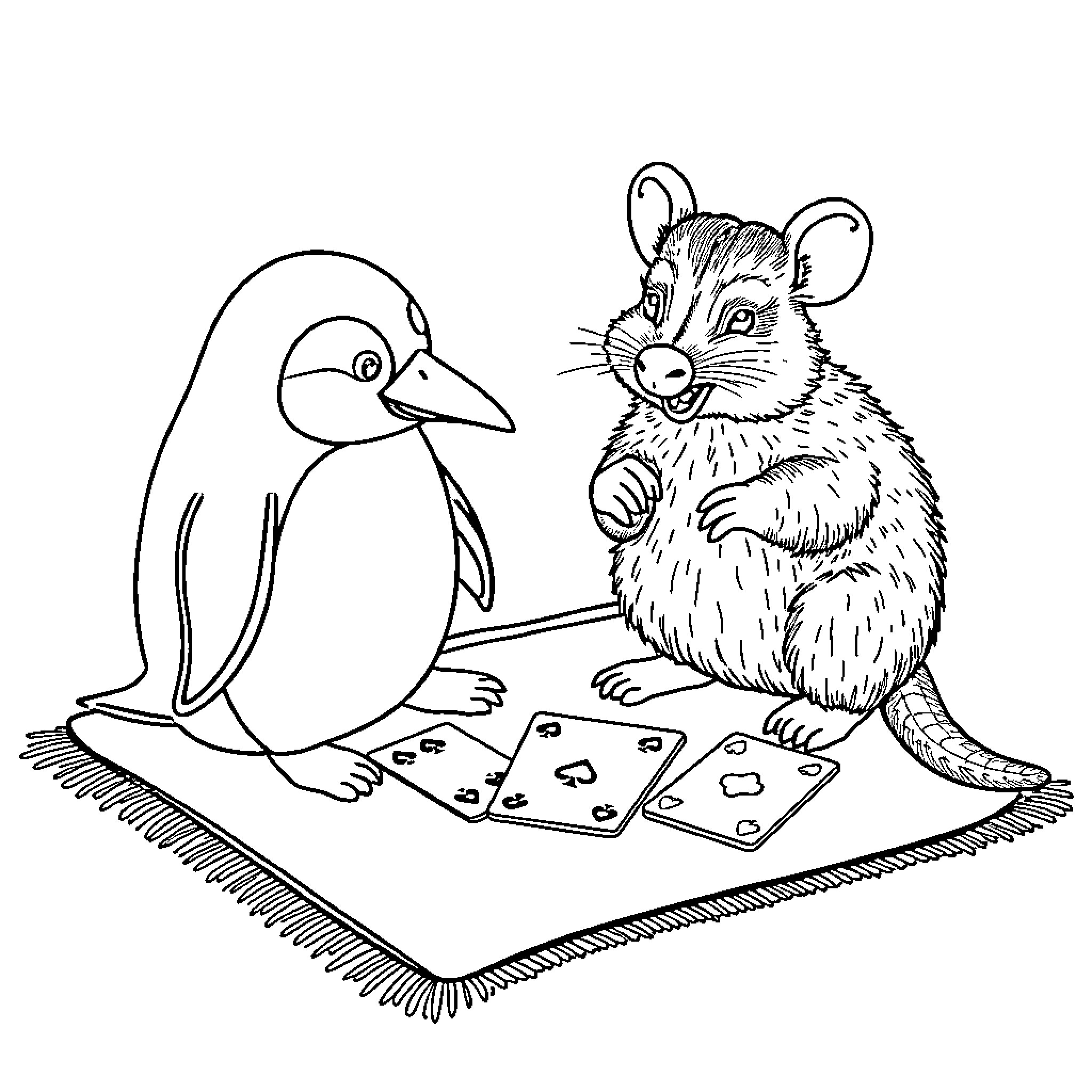 Penguin and Mouse Playing Cards on a Rug Coloring Page (free black-and-white line drawing printable PDF for all, from beginners to advanced learners, including children, teens, adults, and seniors)