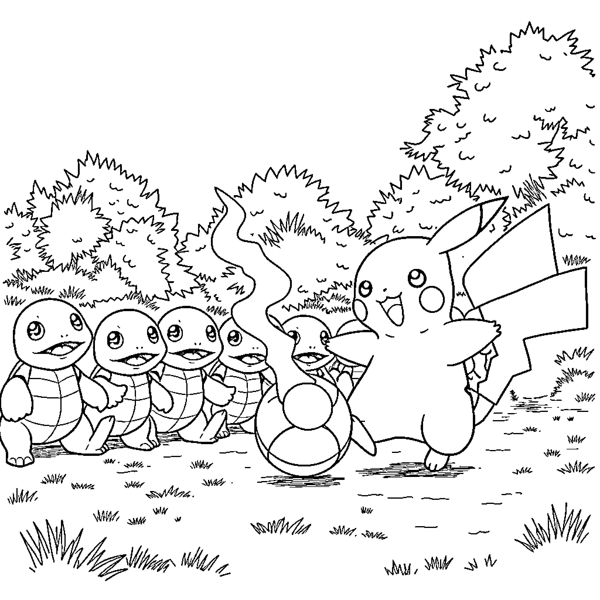 Pikachu and friends having fun in the outdoors Coloring Page (free black-and-white line drawing printable PDF for all, from beginners to advanced learners, including children, teens, adults, and seniors)
