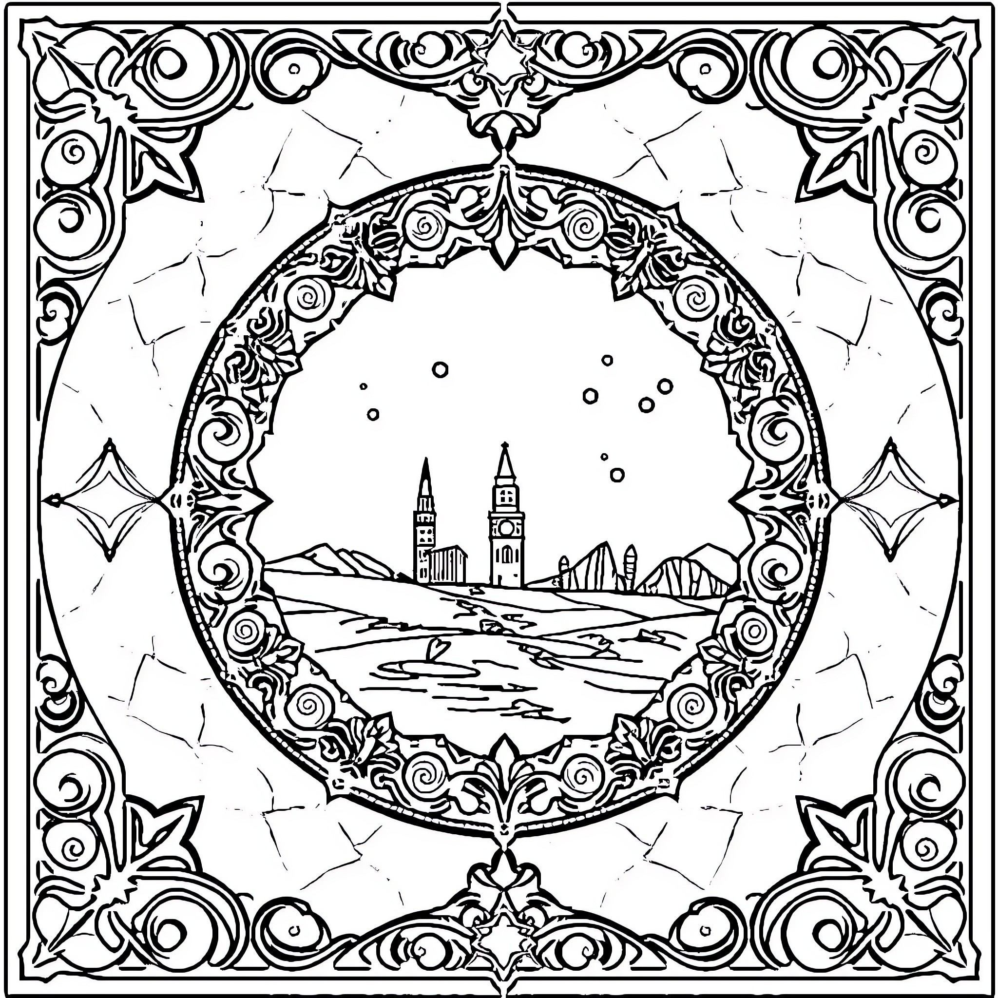 Reading Notebook with Ornate Cityscape Coloring Page (free black-and-white line drawing printable PDF for all, from beginners to advanced learners, including children, teens, adults, and seniors)