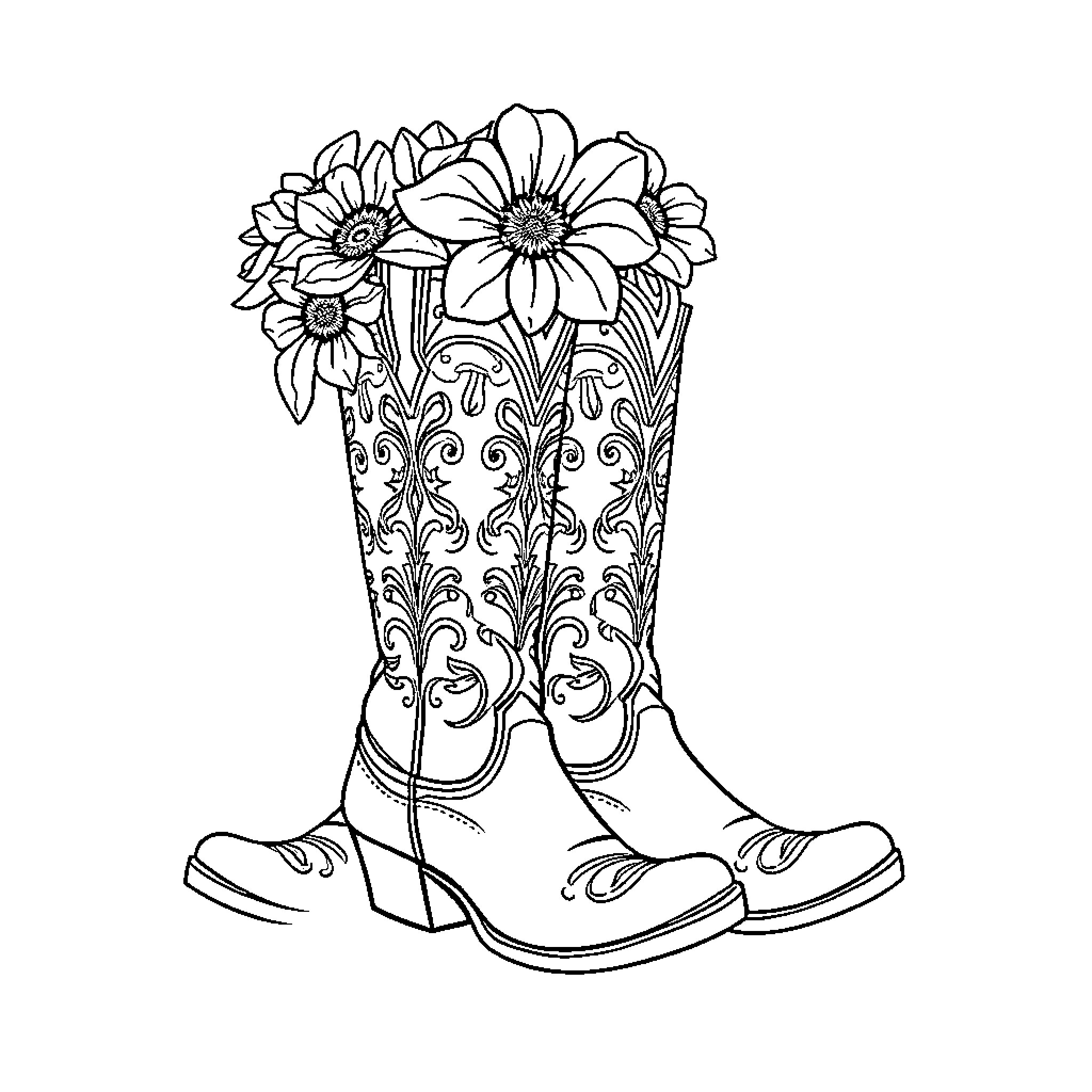 Cowgirl Boot with Floral Bouquet Coloring Page (free black-and-white line drawing printable PDF for all, from beginners to advanced learners, including children, teens, adults, and seniors)