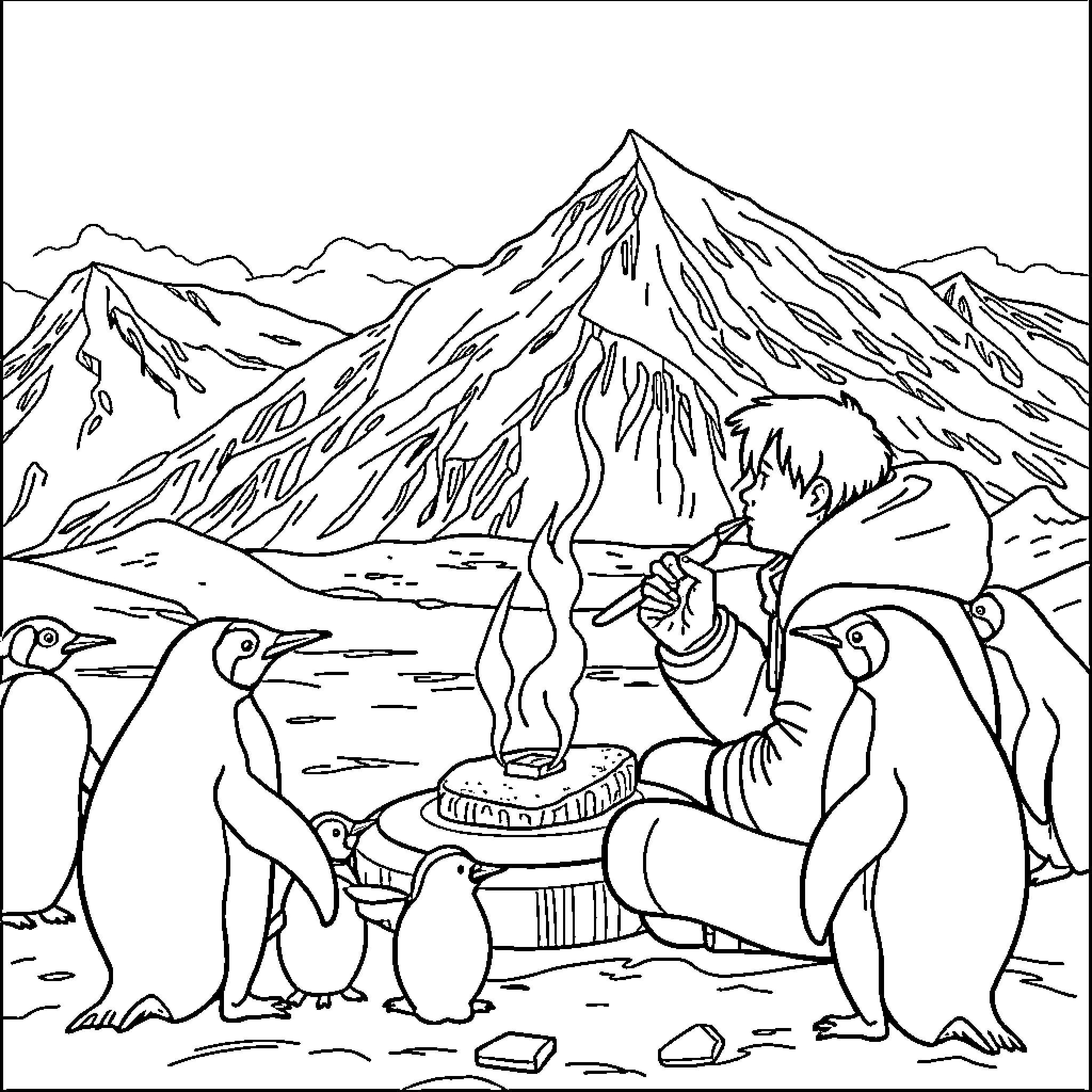 Penguin Gathering Around Campfire in Snowy Mountains Coloring Page (free black-and-white line drawing printable PDF for all, from beginners to advanced learners, including children, teens, adults, and seniors)