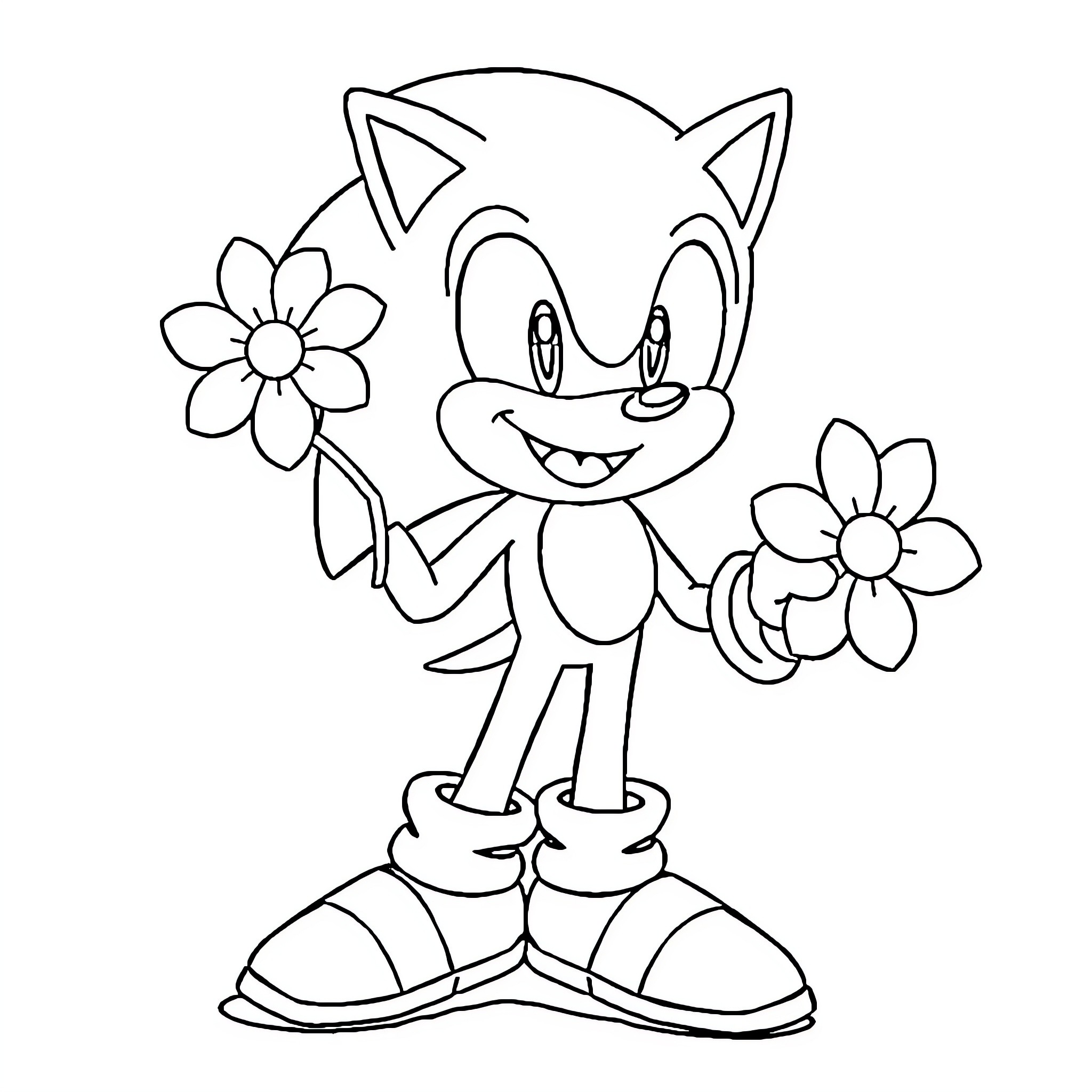 Sonic's Cheerful Floral Adventure Coloring Page (free black-and-white line drawing printable PDF for all, from beginners to advanced learners, including children, teens, adults, and seniors)