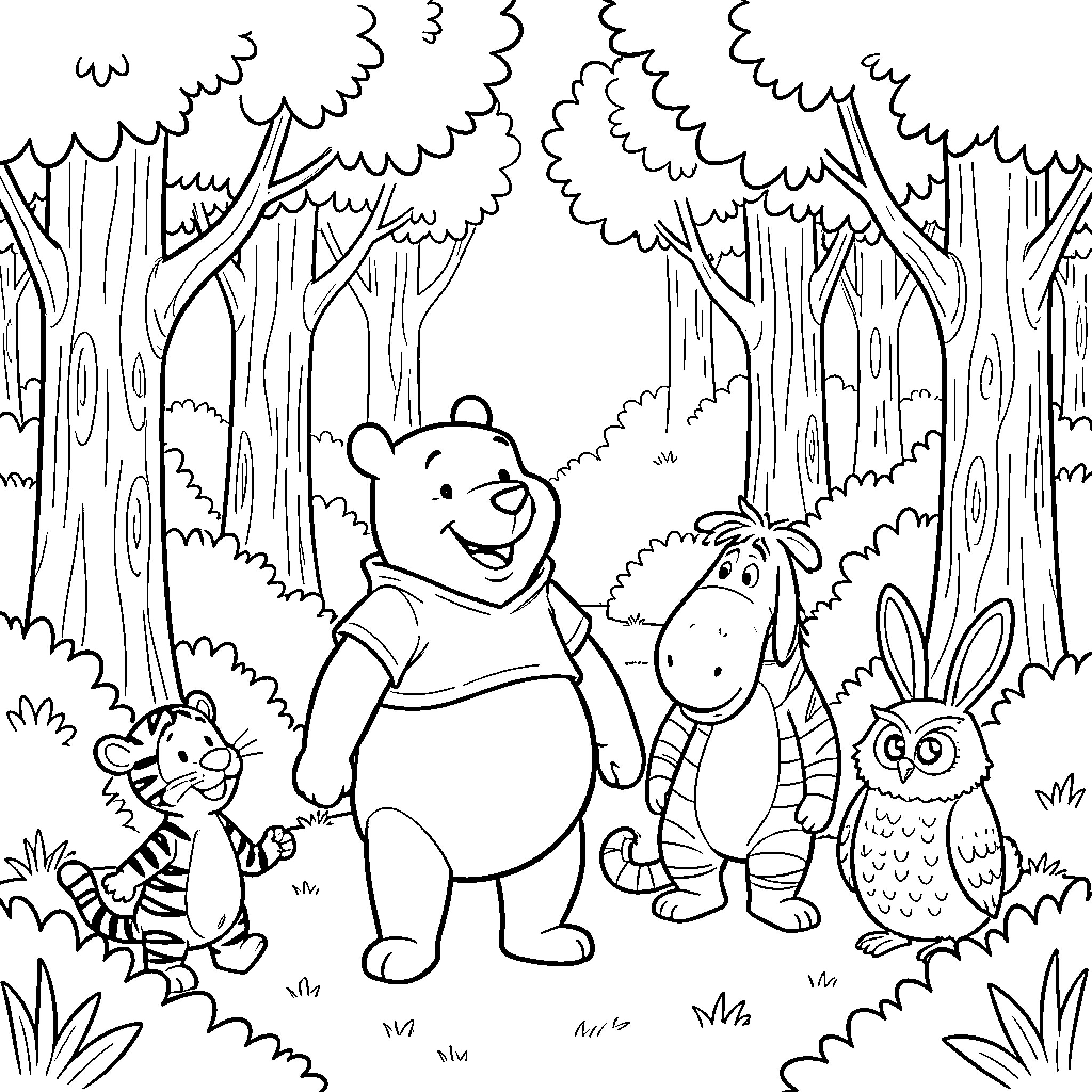 Winnie The Pooh and friends standing together in the forest Coloring Page (free black-and-white line drawing printable PDF for all, from beginners to advanced learners, including children, teens, adults, and seniors)