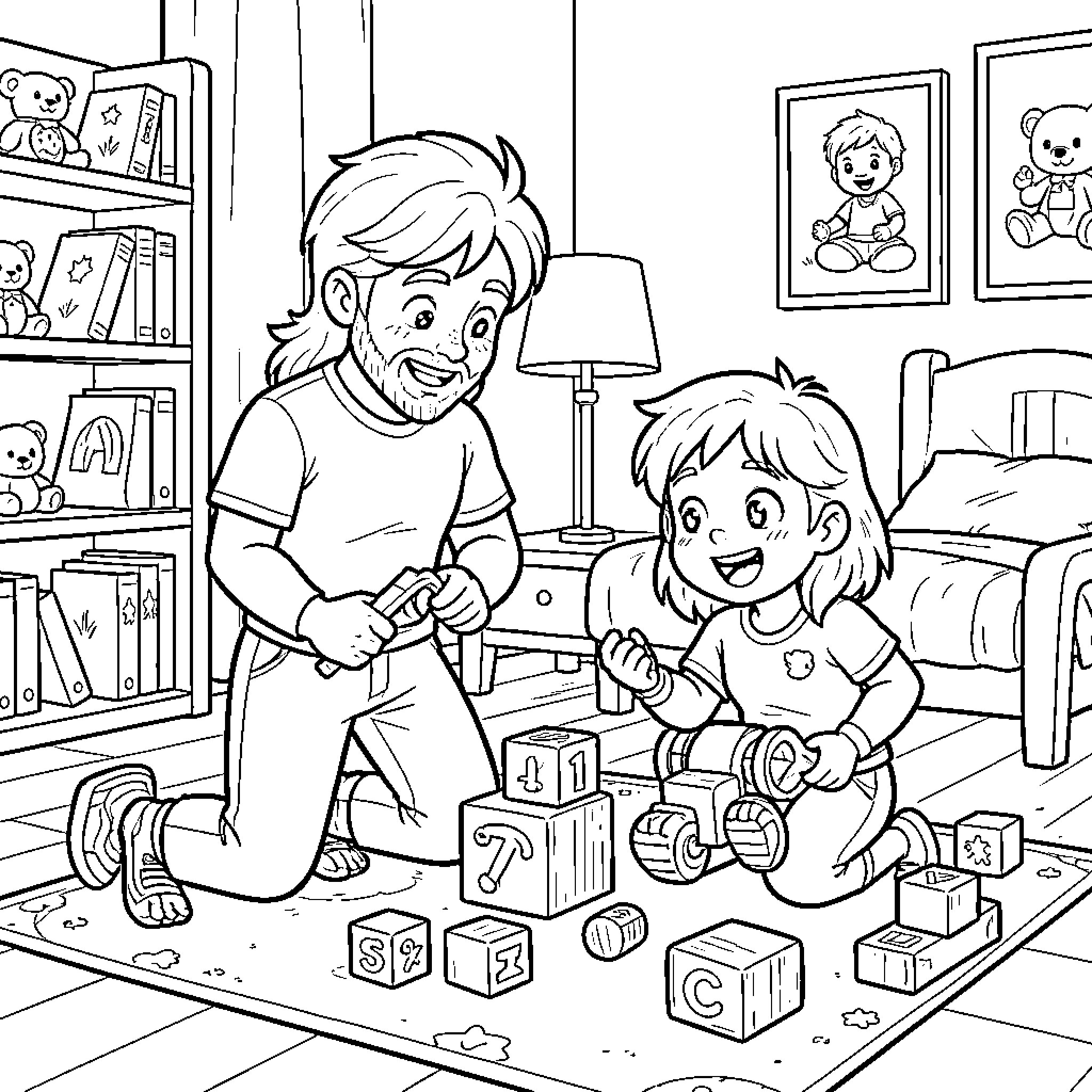 Vlad et Nicky playing with toy blocks on the floor Coloring Page (free black-and-white line drawing printable PDF for all, from beginners to advanced learners, including children, teens, adults, and seniors)