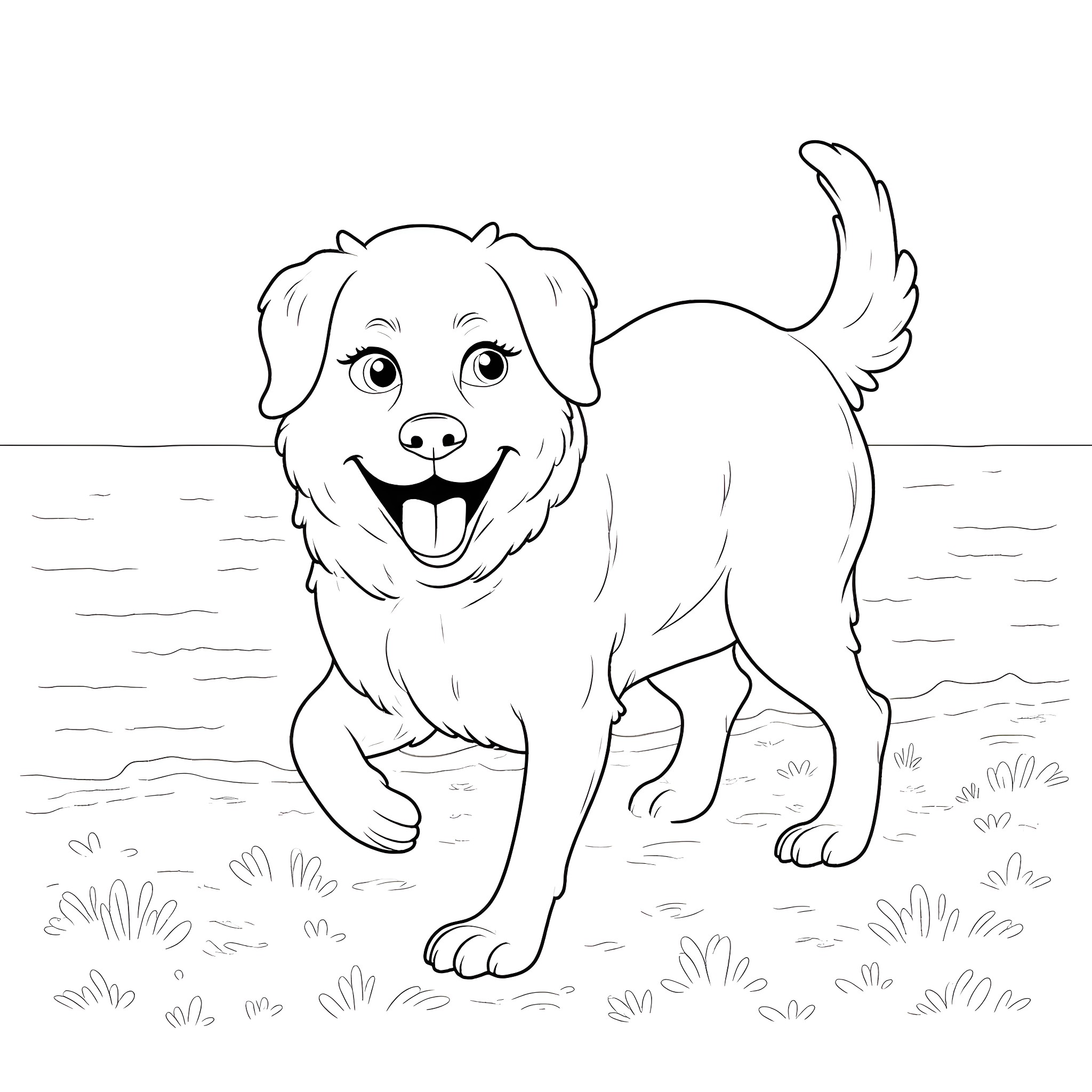 Dog enjoying a sunny day outdoors Coloring Page (free black-and-white line drawing printable PDF for all, from beginners to advanced learners, including children, teens, adults, and seniors)