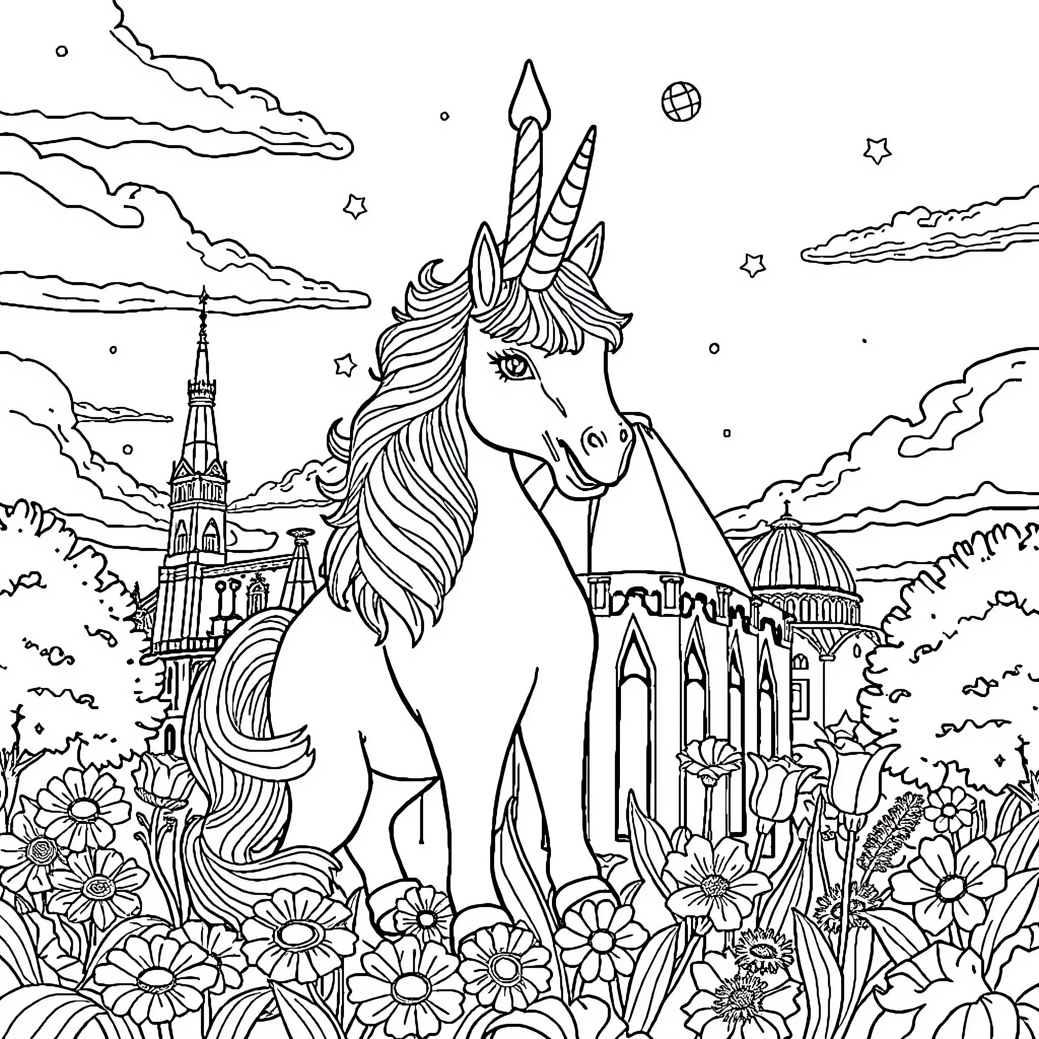 Unicorn standing majestically in a fantastical landscape Coloring Page (free black-and-white line drawing printable PDF for all, from beginners to advanced learners, including children, teens, adults, and seniors)