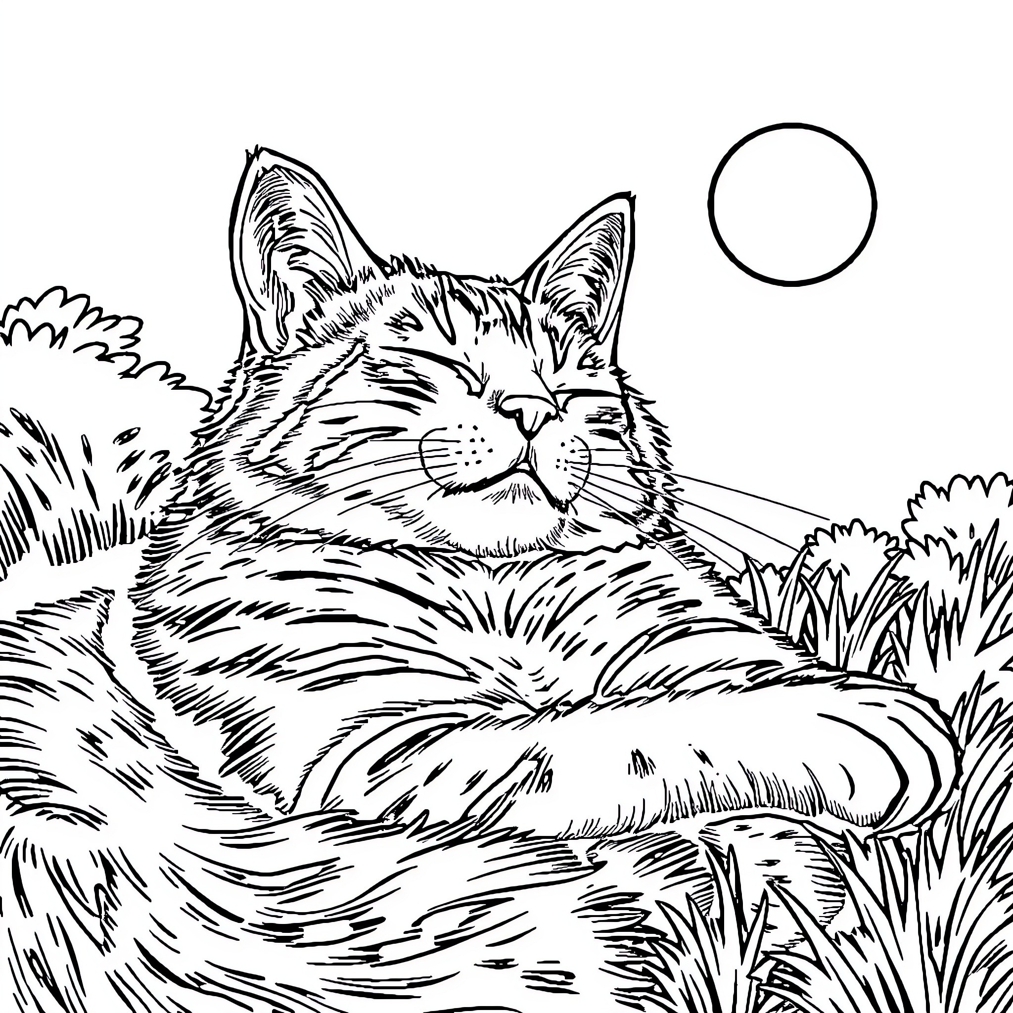 Siamese Cat Resting Peacefully in Nature Coloring Page (free black-and-white line drawing printable PDF for all, from beginners to advanced learners, including children, teens, adults, and seniors)