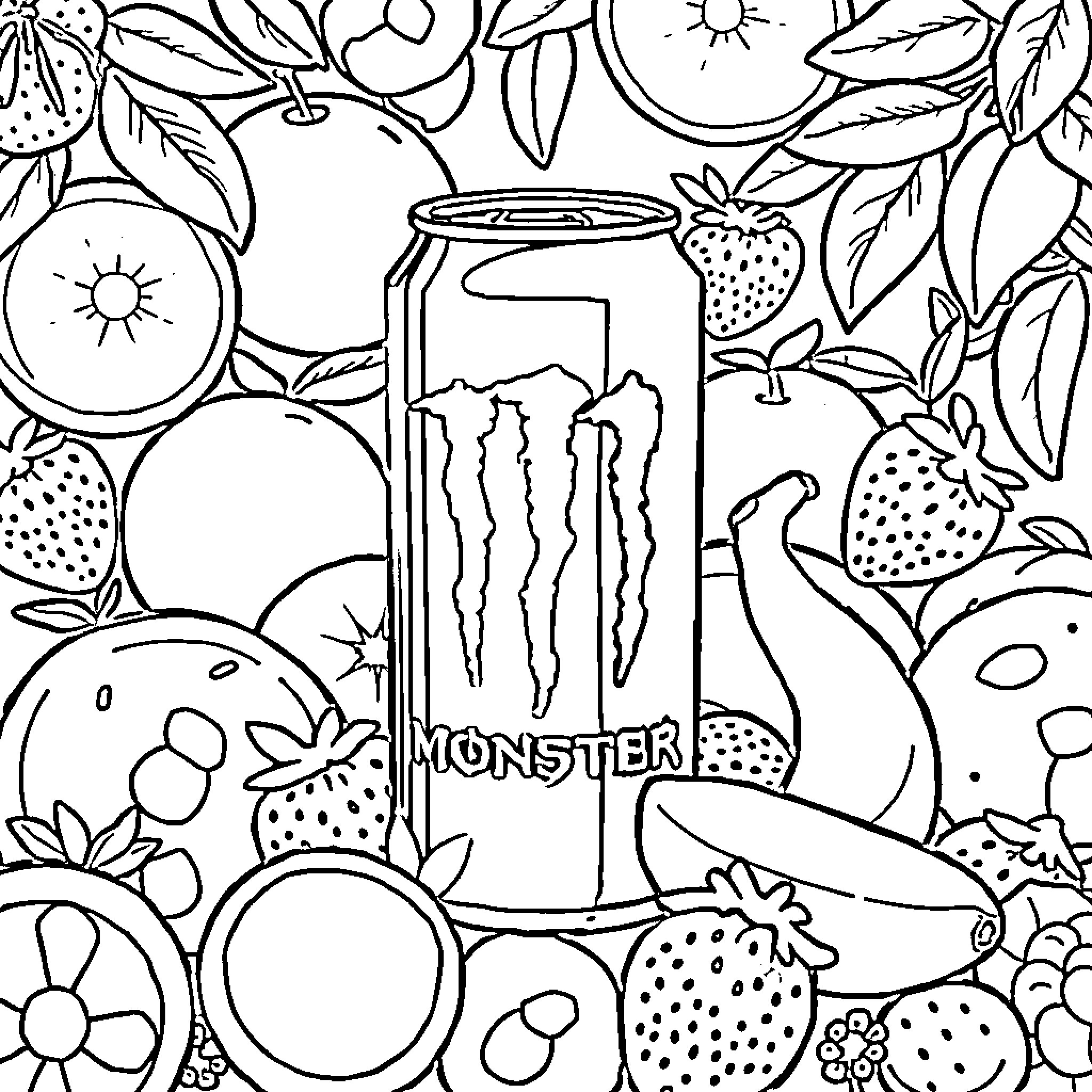 Energy Drink Surrounded by Whimsical Fruit and Foliage Coloring Page (free black-and-white line drawing printable PDF for all, from beginners to advanced learners, including children, teens, adults, and seniors)