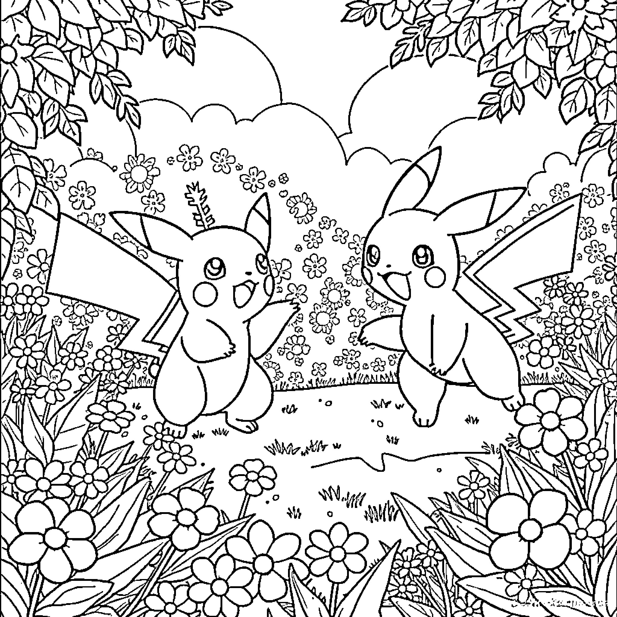 Pokémon Pikachu playing joyfully in nature Coloring Page (free black-and-white line drawing printable PDF for all, from beginners to advanced learners, including children, teens, adults, and seniors)