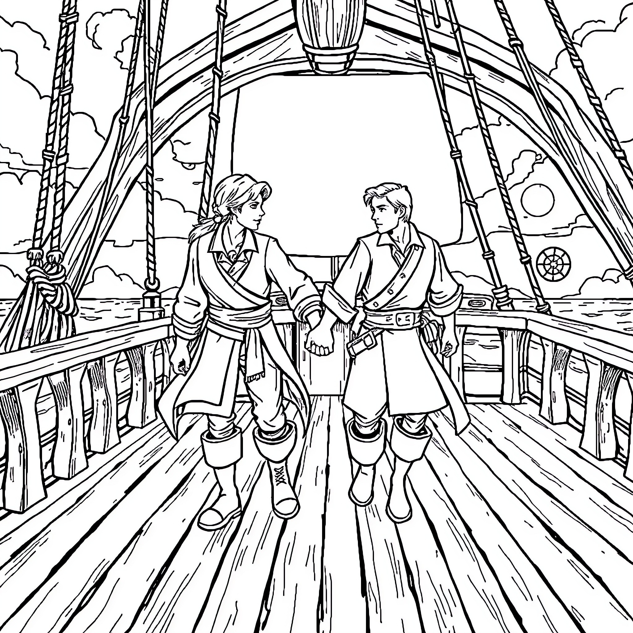 Stede and Ed sailing on a ship together Coloring Page (free black-and-white line drawing printable PDF for all, from beginners to advanced learners, including children, teens, adults, and seniors)