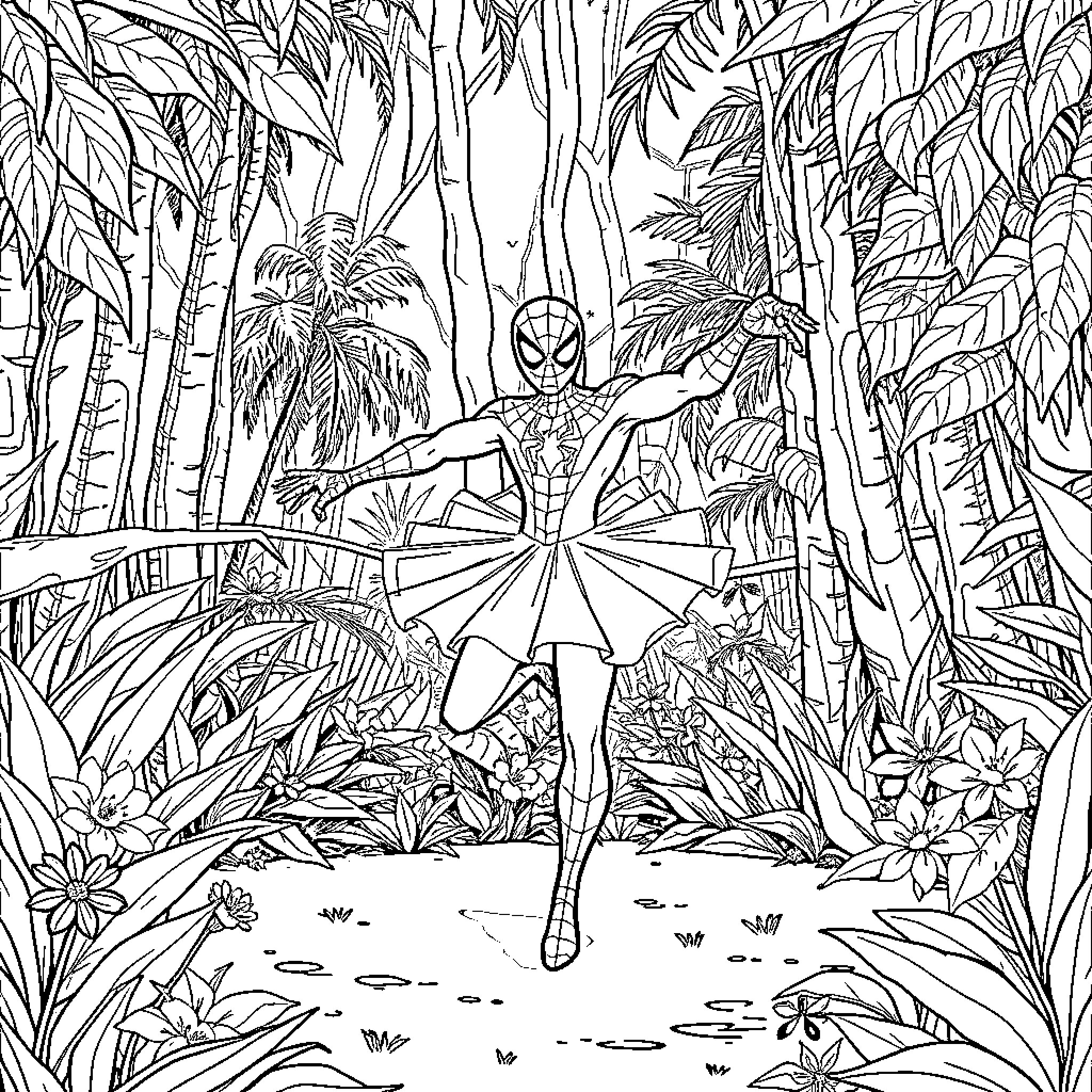 Spiderman swinging through a lush jungle landscape Coloring Page (free black-and-white line drawing printable PDF for all, from beginners to advanced learners, including children, teens, adults, and seniors)