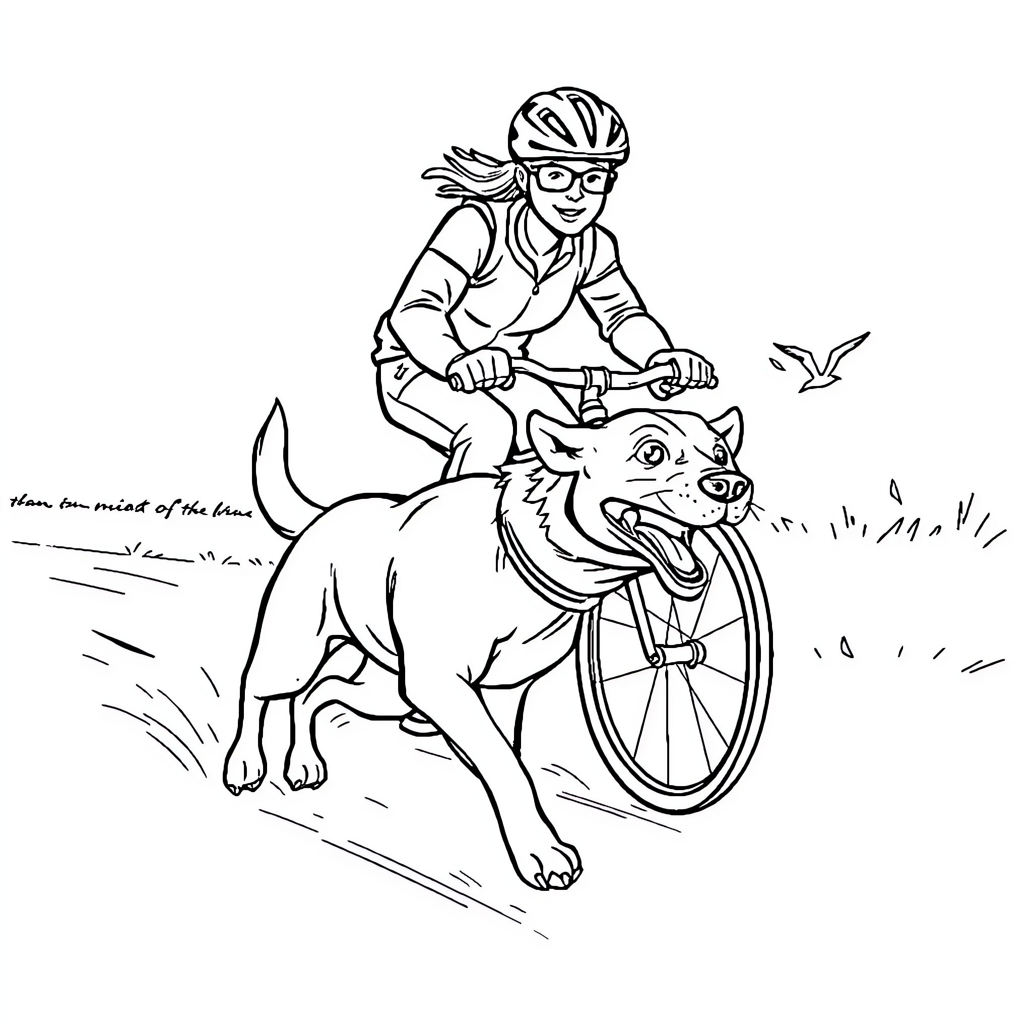 Dog running happily with a cyclist on the trail Coloring Page (free black-and-white line drawing printable PDF for all, from beginners to advanced learners, including children, teens, adults, and seniors)