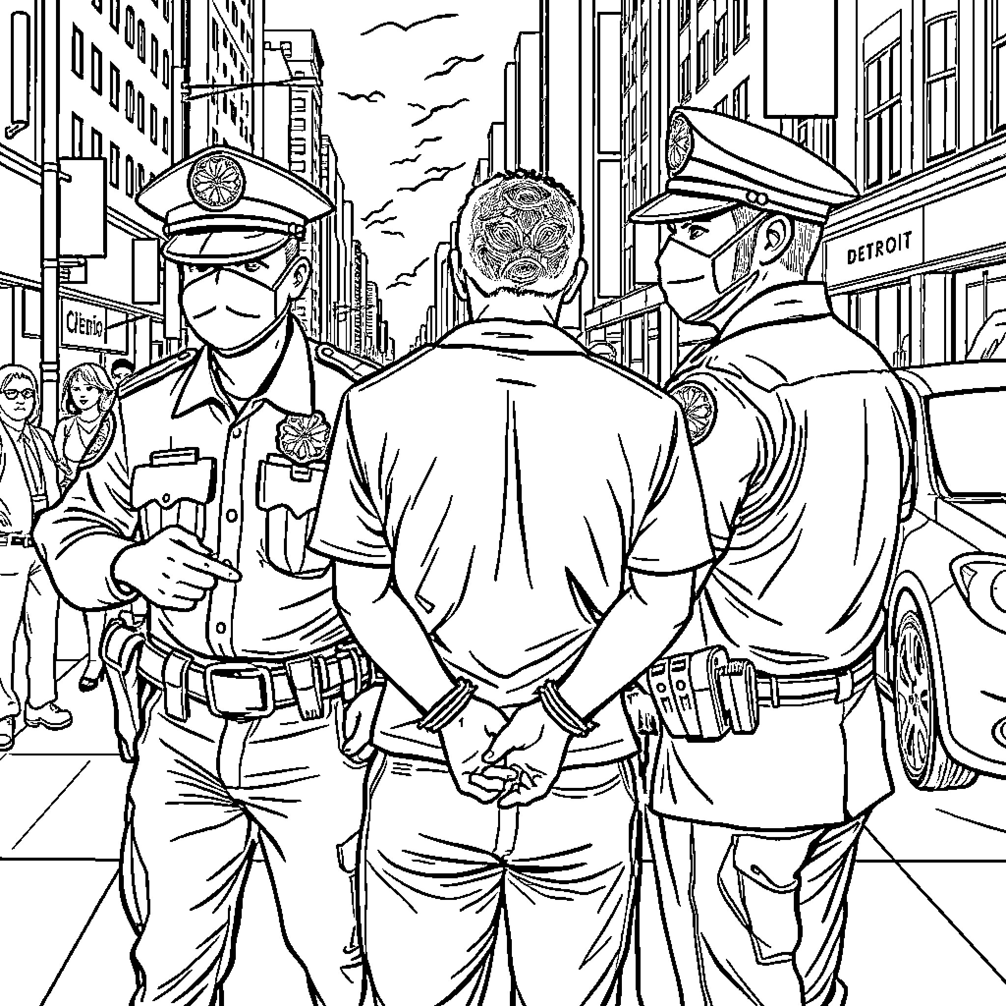 Daddy's Day Out: Cops Patrolling the City Streets Coloring Page (free black-and-white line drawing printable PDF for all, from beginners to advanced learners, including children, teens, adults, and seniors)