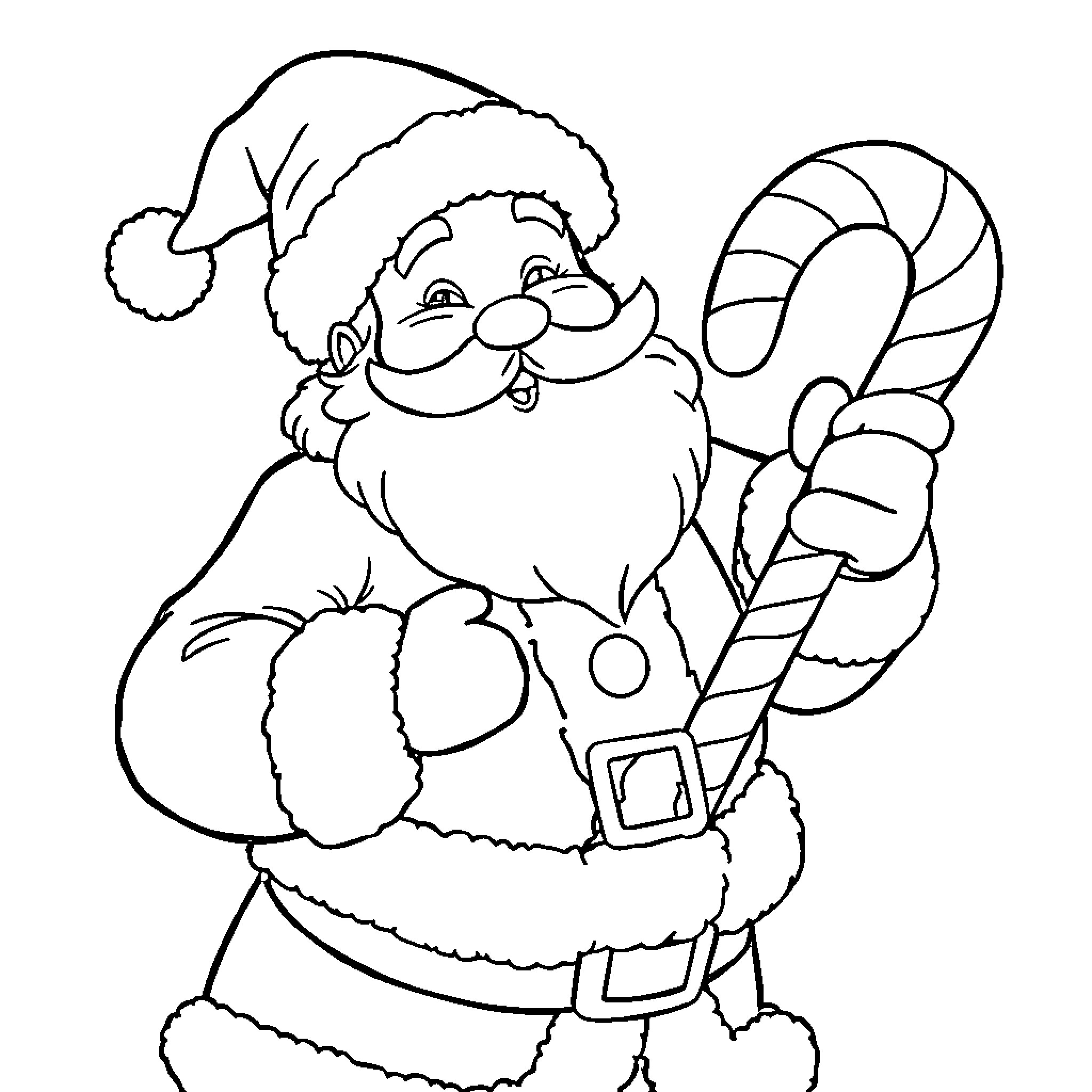 Santa holding a candy cane and smiling Coloring Page (free black-and-white line drawing printable PDF for all, from beginners to advanced learners, including children, teens, adults, and seniors)
