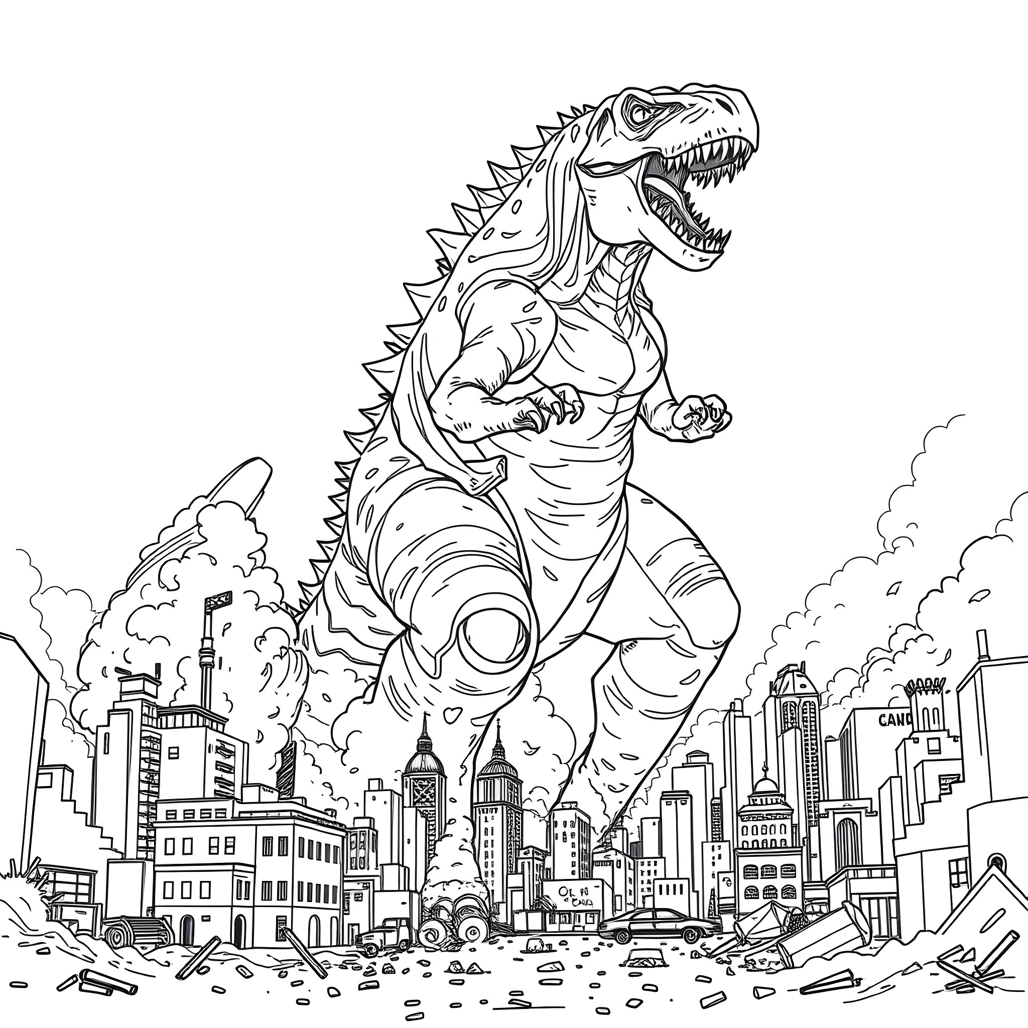 Godzilla rampaging through a cityscape Coloring Page (free black-and-white line drawing printable PDF for all, from beginners to advanced learners, including children, teens, adults, and seniors)