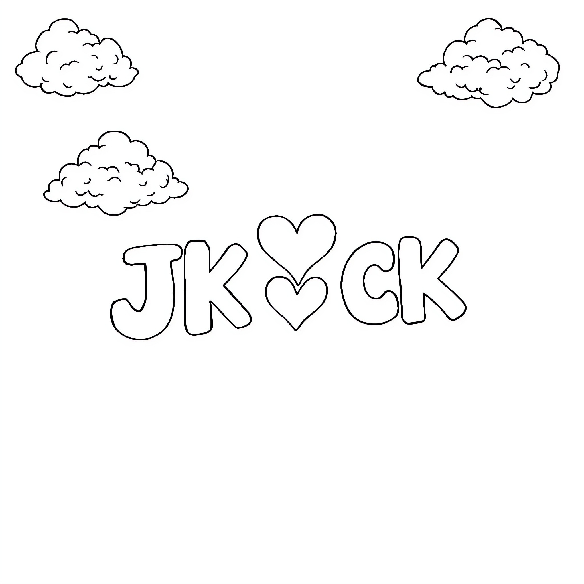 Cloud scene with playful letters and heart Coloring Page (free black-and-white line drawing printable PDF for all, from beginners to advanced learners, including children, teens, adults, and seniors)