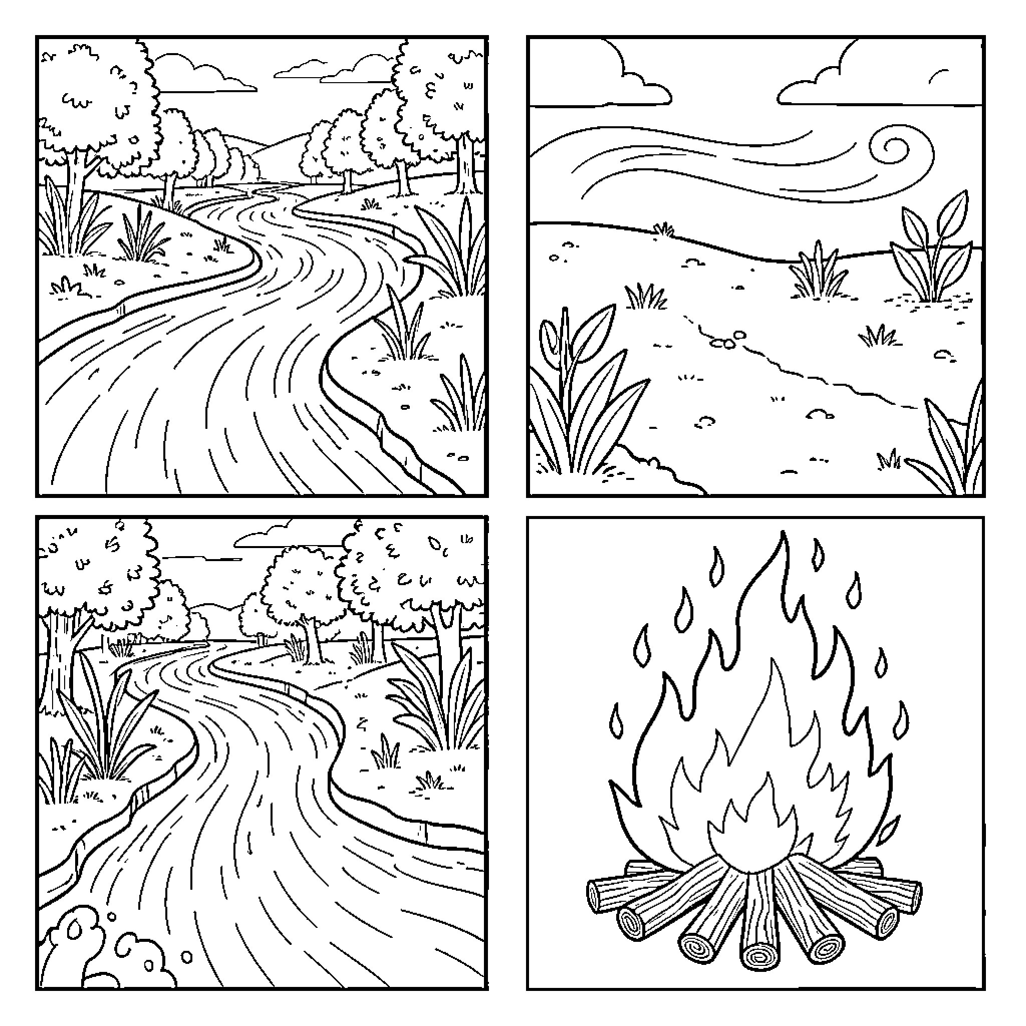 Elements of Nature's Tranquility Coloring Page (free black-and-white line drawing printable PDF for all, from beginners to advanced learners, including children, teens, adults, and seniors)