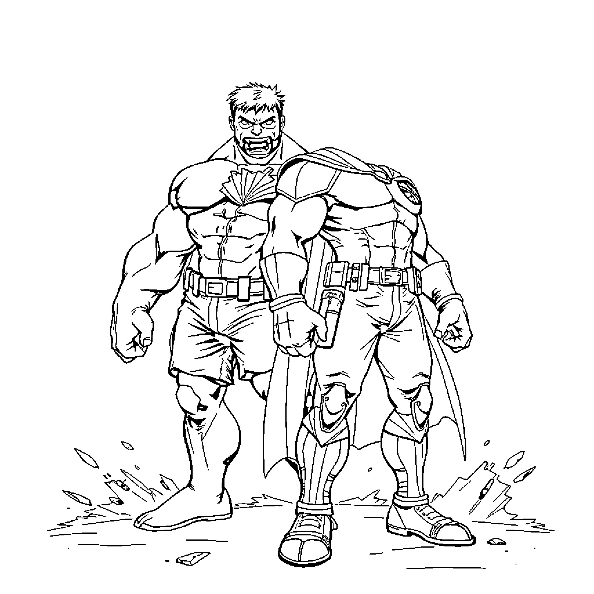 Hulk Unleashing Strength in Heroic Attire Coloring Page (free black-and-white line drawing printable PDF for all, from beginners to advanced learners, including children, teens, adults, and seniors)