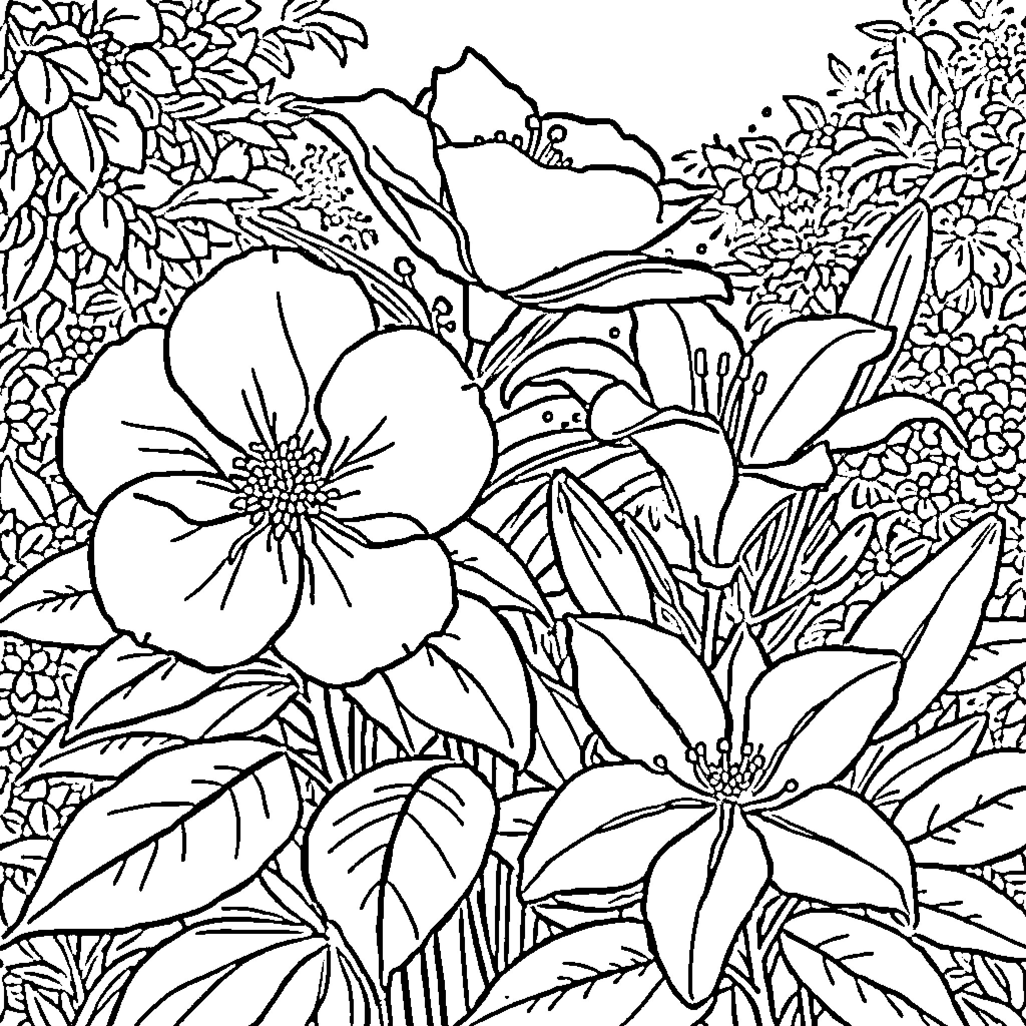 Flower Garden with Exotic Blooms Coloring Page (free black-and-white line drawing printable PDF for all, from beginners to advanced learners, including children, teens, adults, and seniors)