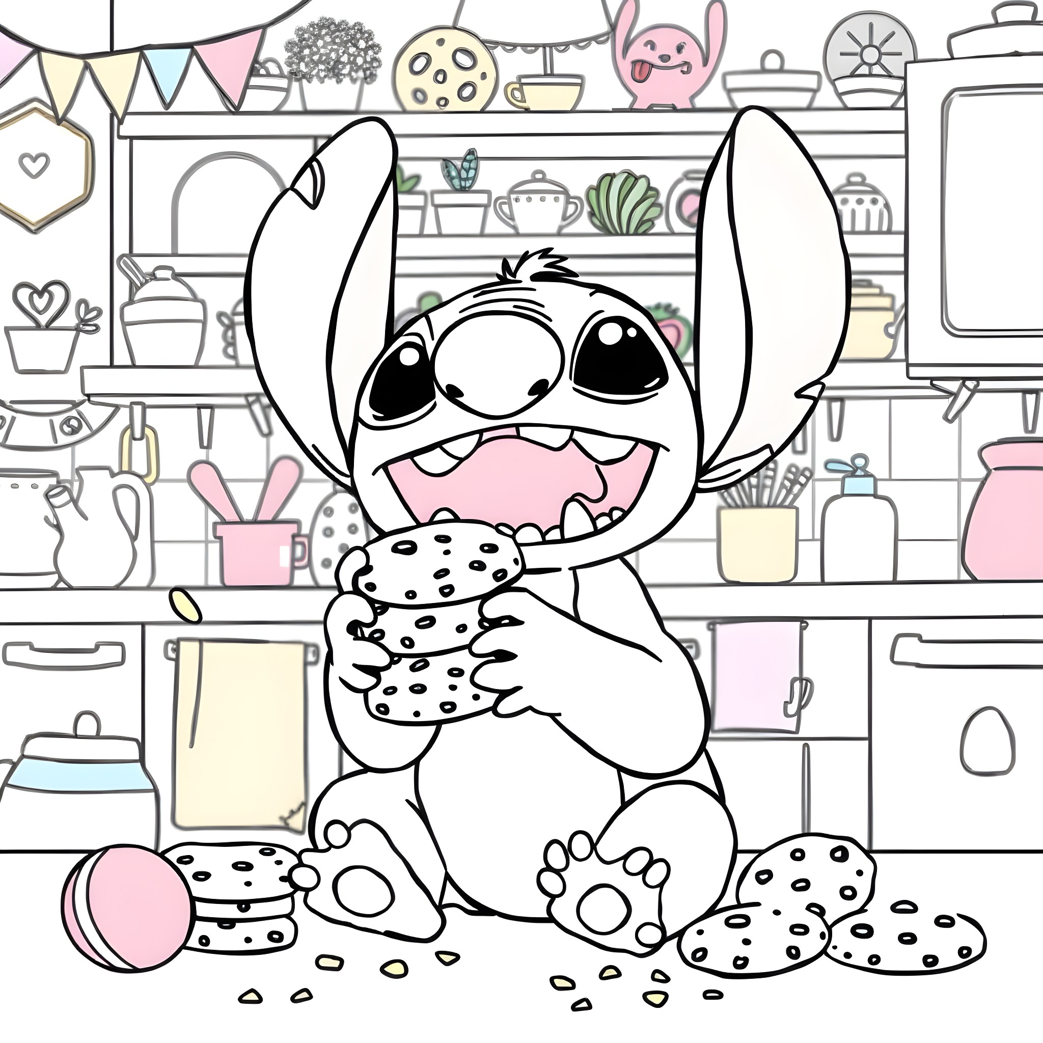 Stitch enjoying a cookie in a cozy kitchen Coloring Page (free black-and-white line drawing printable PDF for all, from beginners to advanced learners, including children, teens, adults, and seniors)
