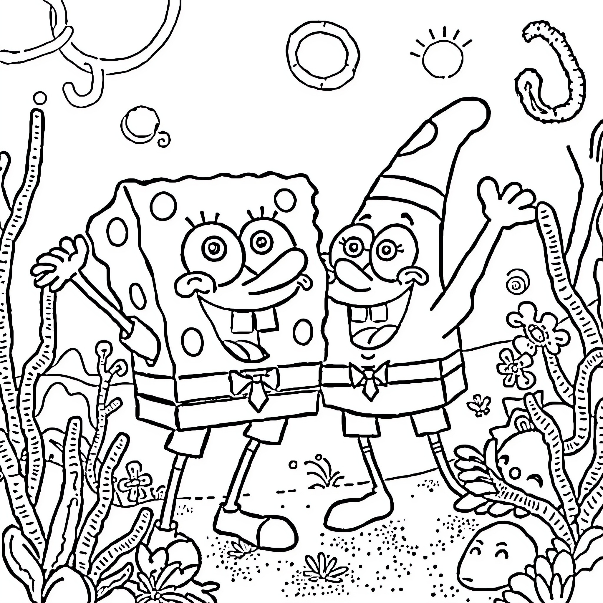 Spongebob and Patrick enjoying a playful adventure Coloring Page (free black-and-white line drawing printable PDF for all, from beginners to advanced learners, including children, teens, adults, and seniors)