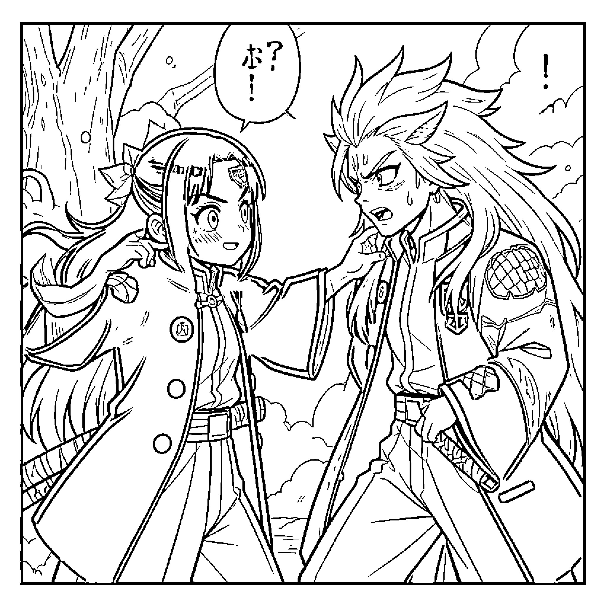 Doma interacting with a surprised companion in nature Coloring Page (free black-and-white line drawing printable PDF for all, from beginners to advanced learners, including children, teens, adults, and seniors)