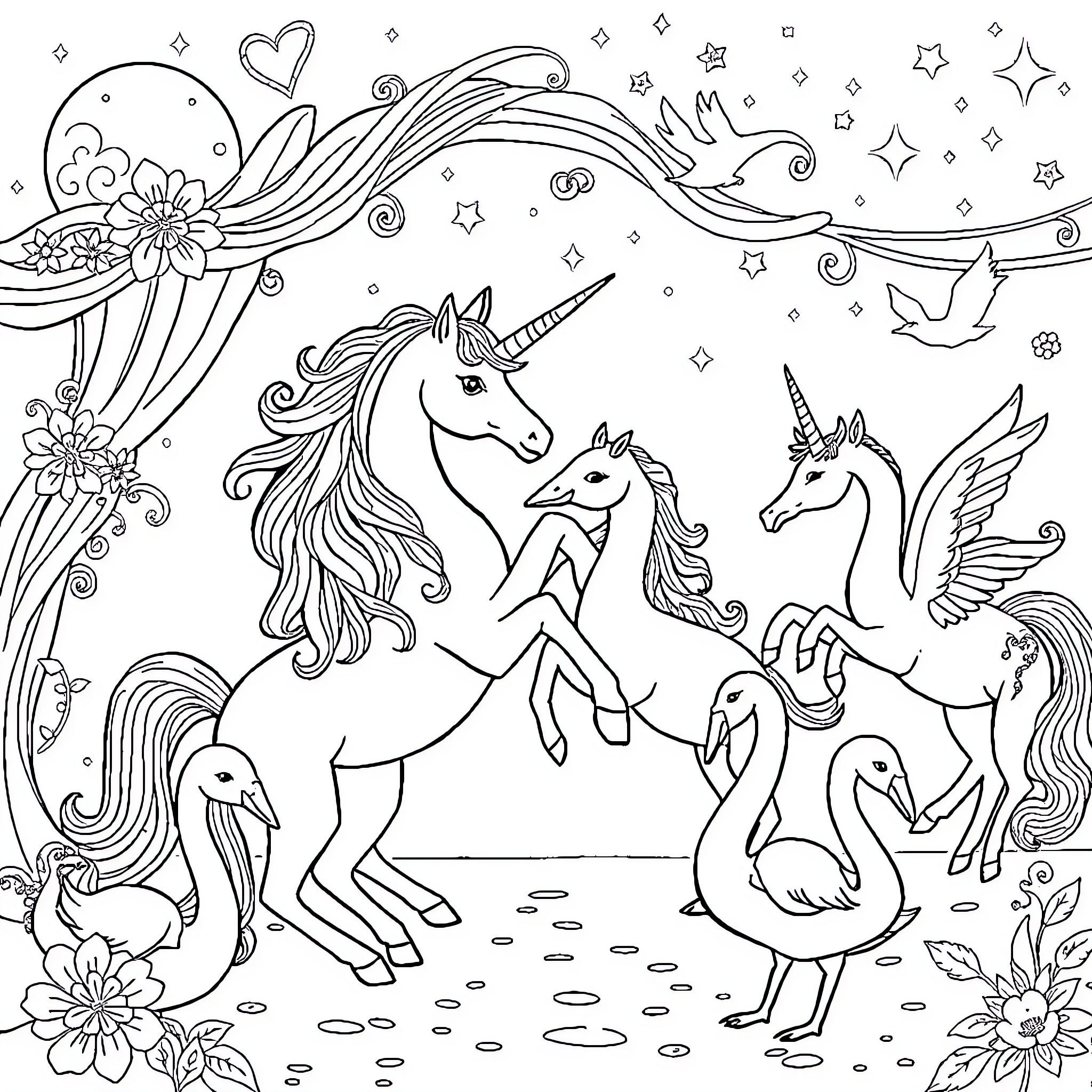 Unicorn playing with magical creatures in a whimsical scene Coloring Page (free black-and-white line drawing printable PDF for all, from beginners to advanced learners, including children, teens, adults, and seniors)