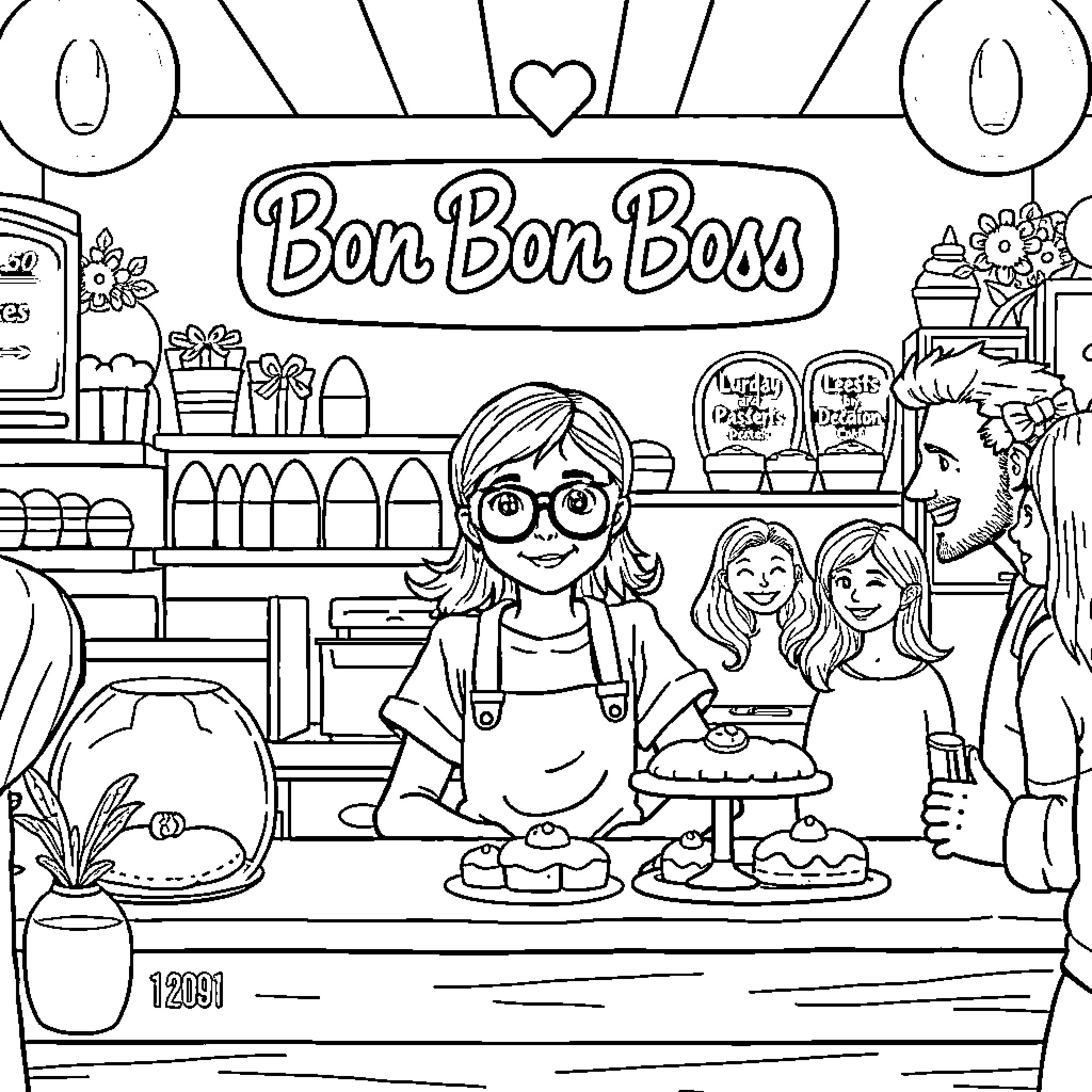 Girl running a bakery store with friends Coloring Page (free black-and-white line drawing printable PDF for all, from beginners to advanced learners, including children, teens, adults, and seniors)