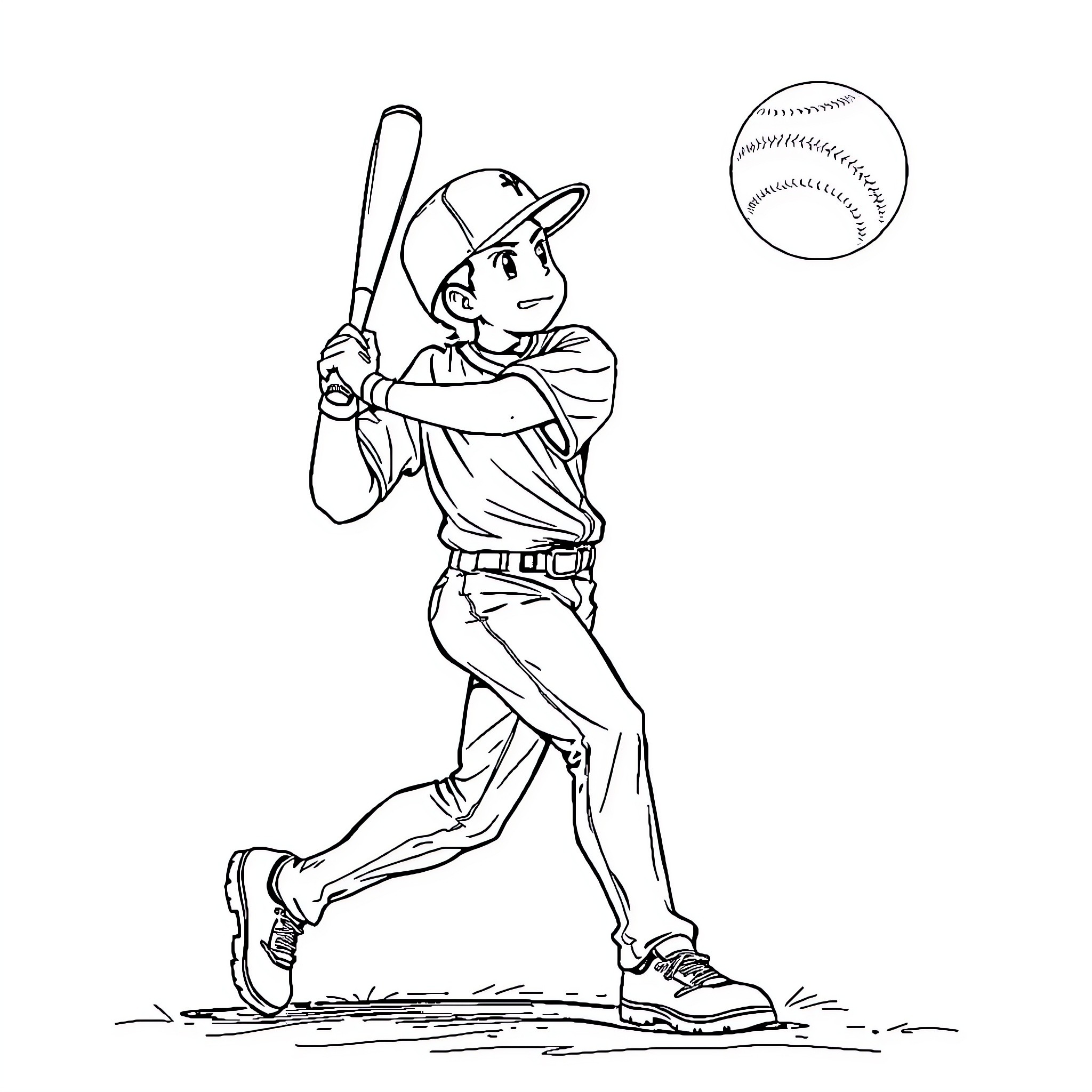 Baseball Player Batting with Baseball in Air Coloring Page (free black-and-white line drawing printable PDF for all, from beginners to advanced learners, including children, teens, adults, and seniors)