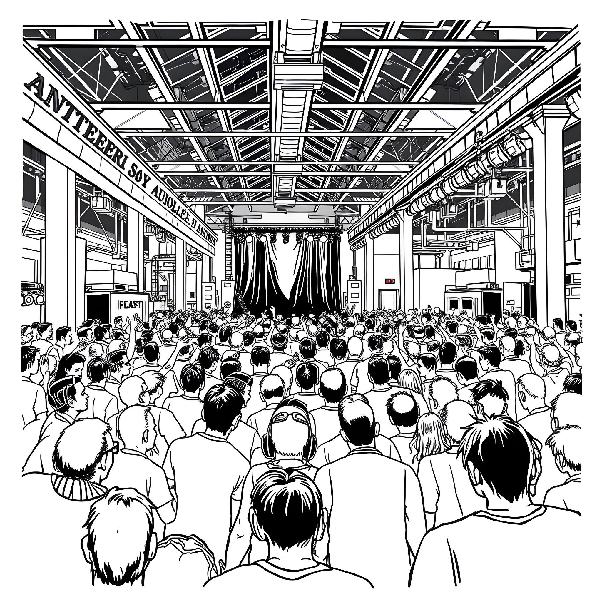 Concert of a large crowd in a performance hall Coloring Page (free black-and-white line drawing printable PDF for all, from beginners to advanced learners, including children, teens, adults, and seniors)