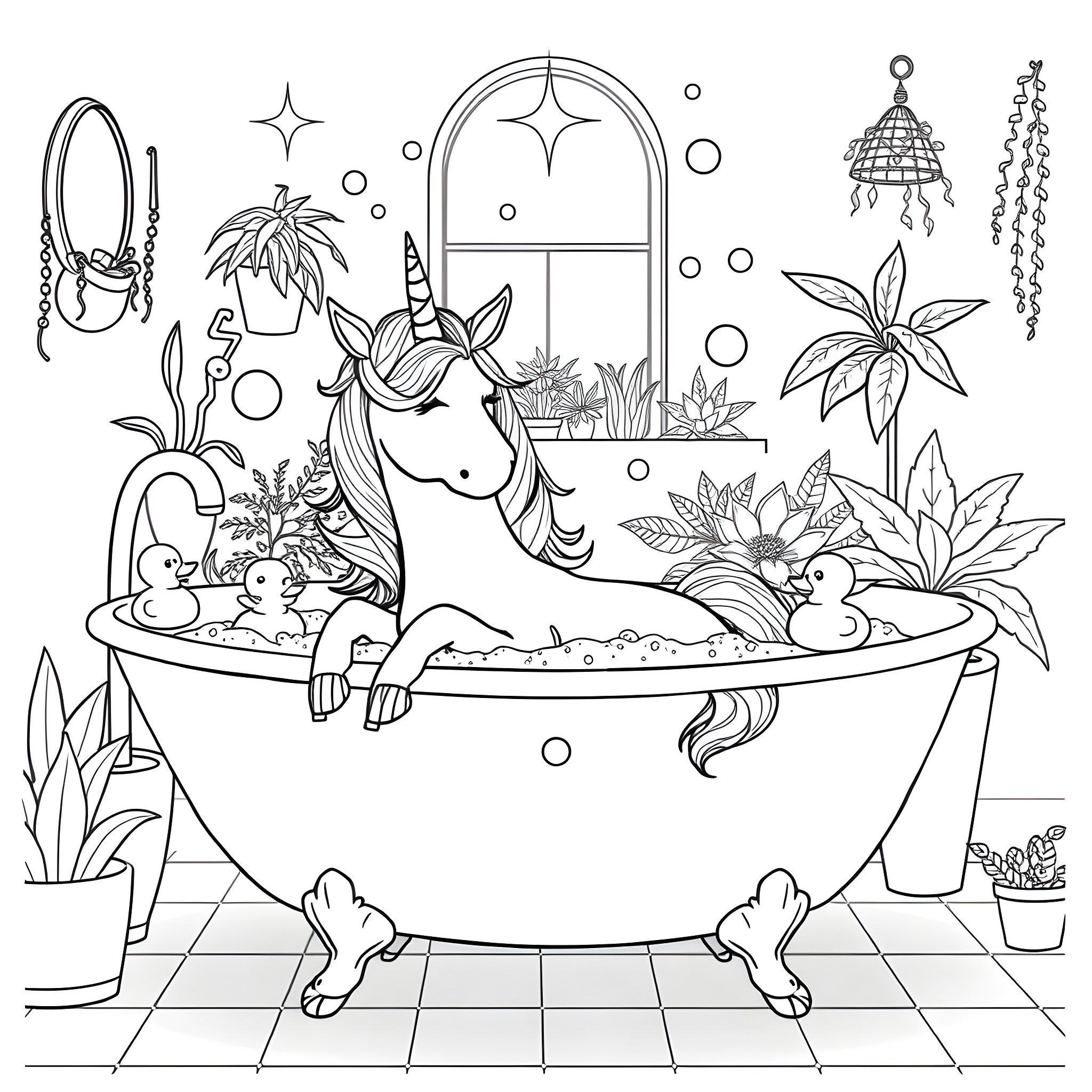 Unicorn relaxing in a magical bubble bath Coloring Page (free black-and-white line drawing printable PDF for all, from beginners to advanced learners, including children, teens, adults, and seniors)