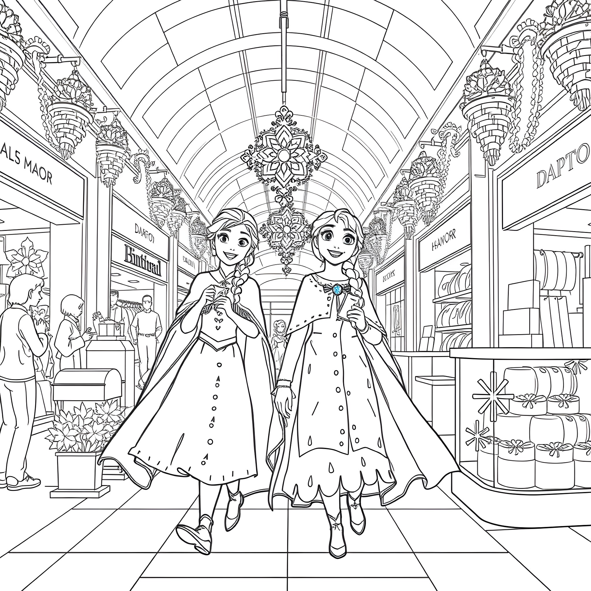 Elsa and Anna exploring a magical winter wonderland Coloring Page (free black-and-white line drawing printable PDF for all, from beginners to advanced learners, including children, teens, adults, and seniors)