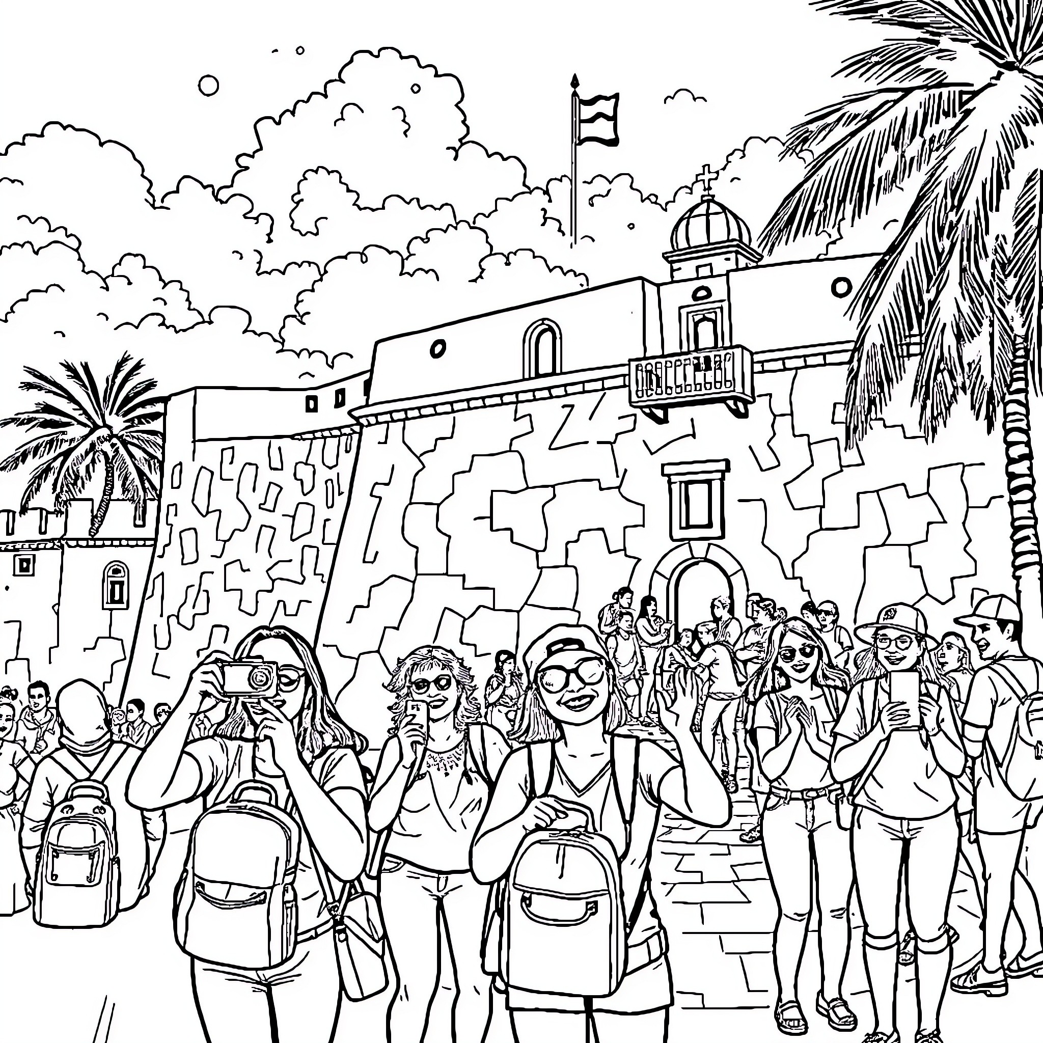 Felipe's Lively Crowd in a Sunny City Square Coloring Page (free black-and-white line drawing printable PDF for all, from beginners to advanced learners, including children, teens, adults, and seniors)