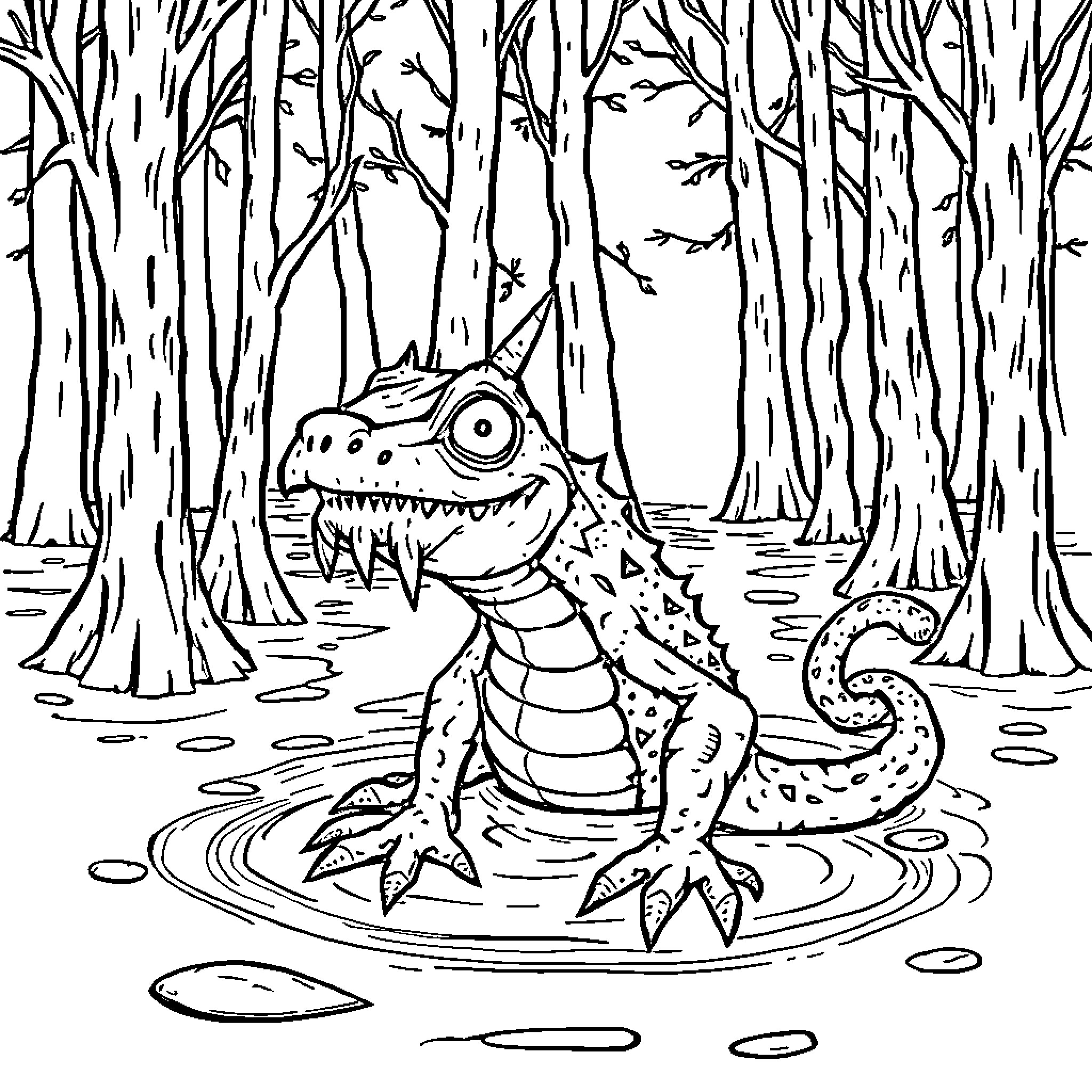 Cajun Sin: Crocodile's Mischief in the Forest Coloring Page (free black-and-white line drawing printable PDF for all, from beginners to advanced learners, including children, teens, adults, and seniors)
