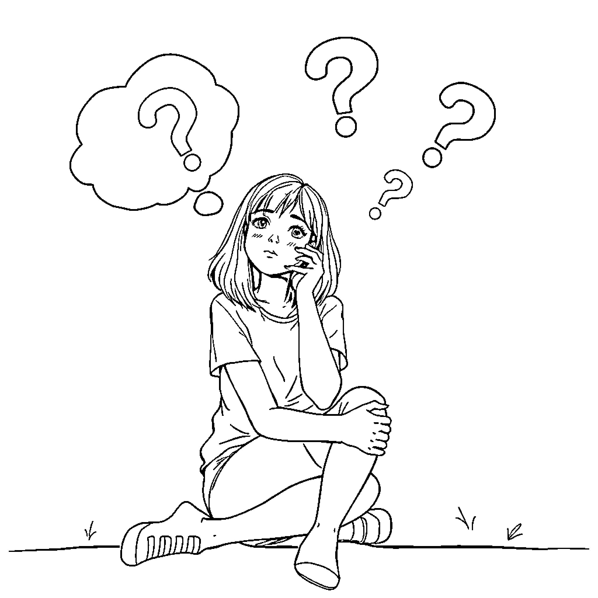 Teenage Girl Sitting with Thoughtful Expression Coloring Page (free black-and-white line drawing printable PDF for all, from beginners to advanced learners, including children, teens, adults, and seniors)