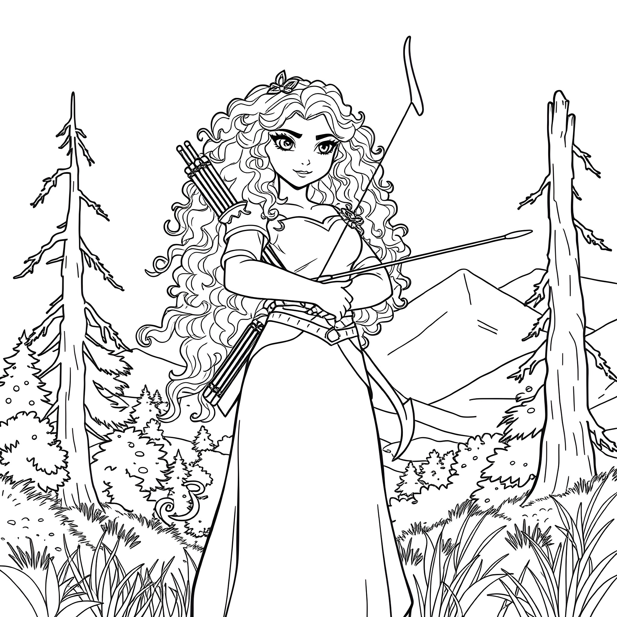 Merida in the Forest with Bow and Arrow Coloring Page (free black-and-white line drawing printable PDF for all, from beginners to advanced learners, including children, teens, adults, and seniors)