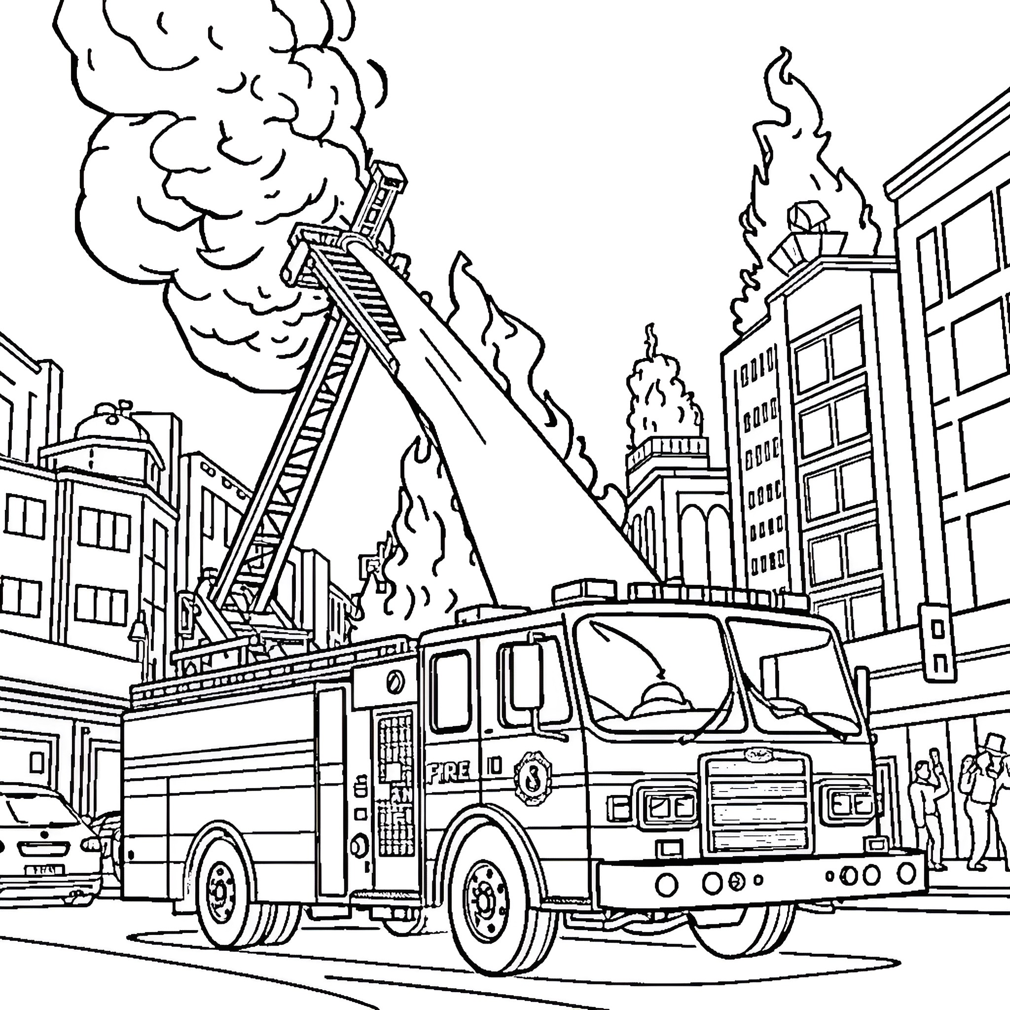 Firetruck responding to emergency at burning building Coloring Page (free black-and-white line drawing printable PDF for all, from beginners to advanced learners, including children, teens, adults, and seniors)