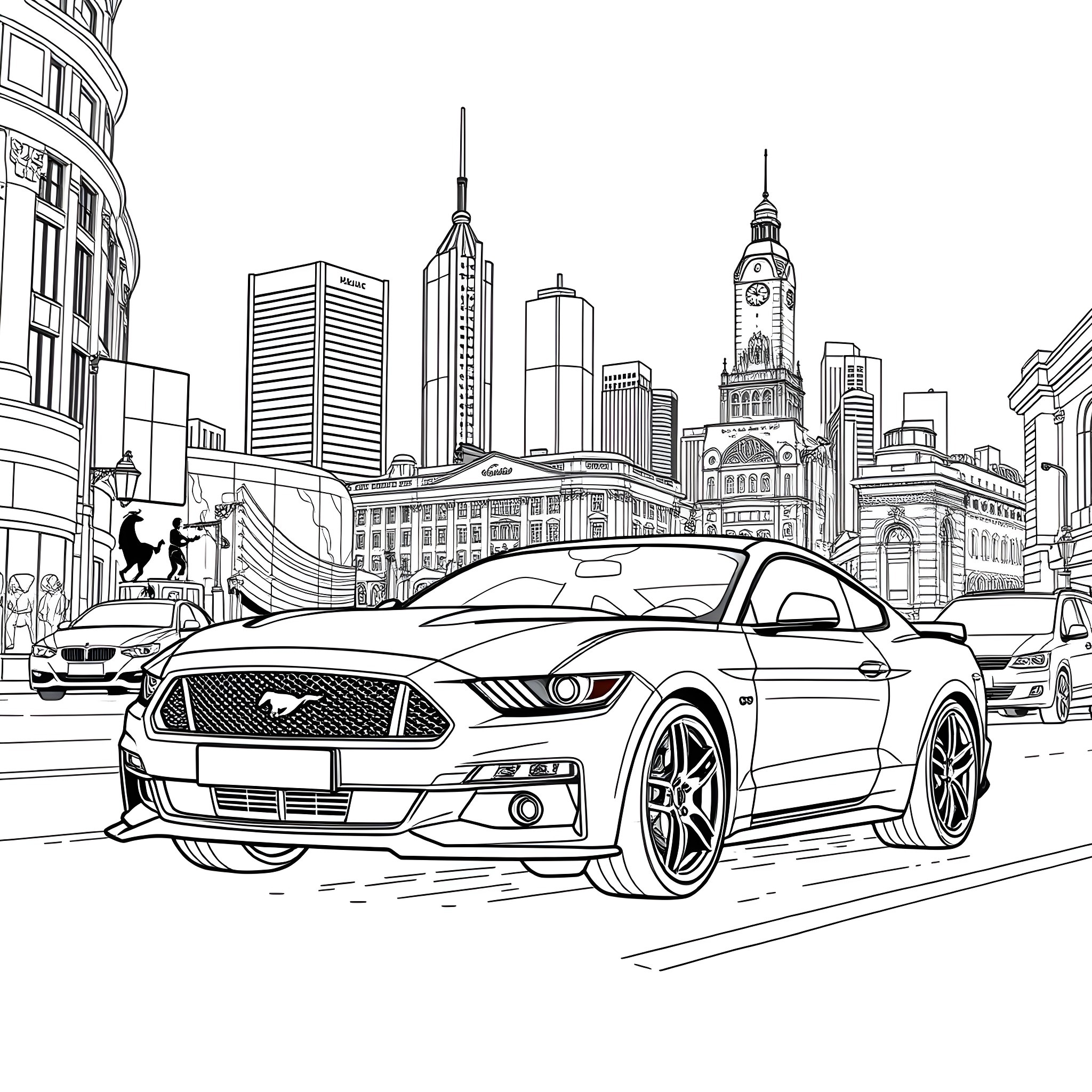 Mustang sports car driving through city skyline Coloring Page (free black-and-white line drawing printable PDF for all, from beginners to advanced learners, including children, teens, adults, and seniors)