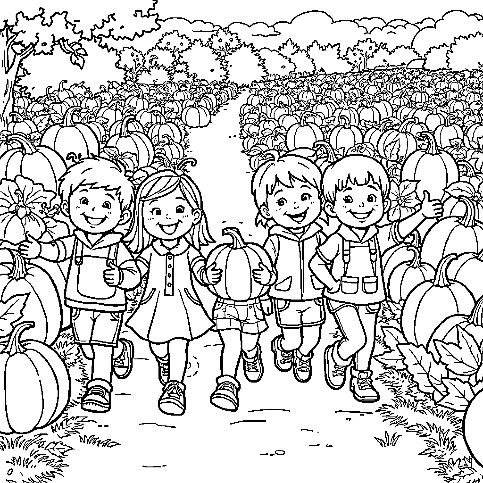 Preschoolers enjoying a field trip in the countryside Coloring Page (free black-and-white line drawing printable PDF for all, from beginners to advanced learners, including children, teens, adults, and seniors)