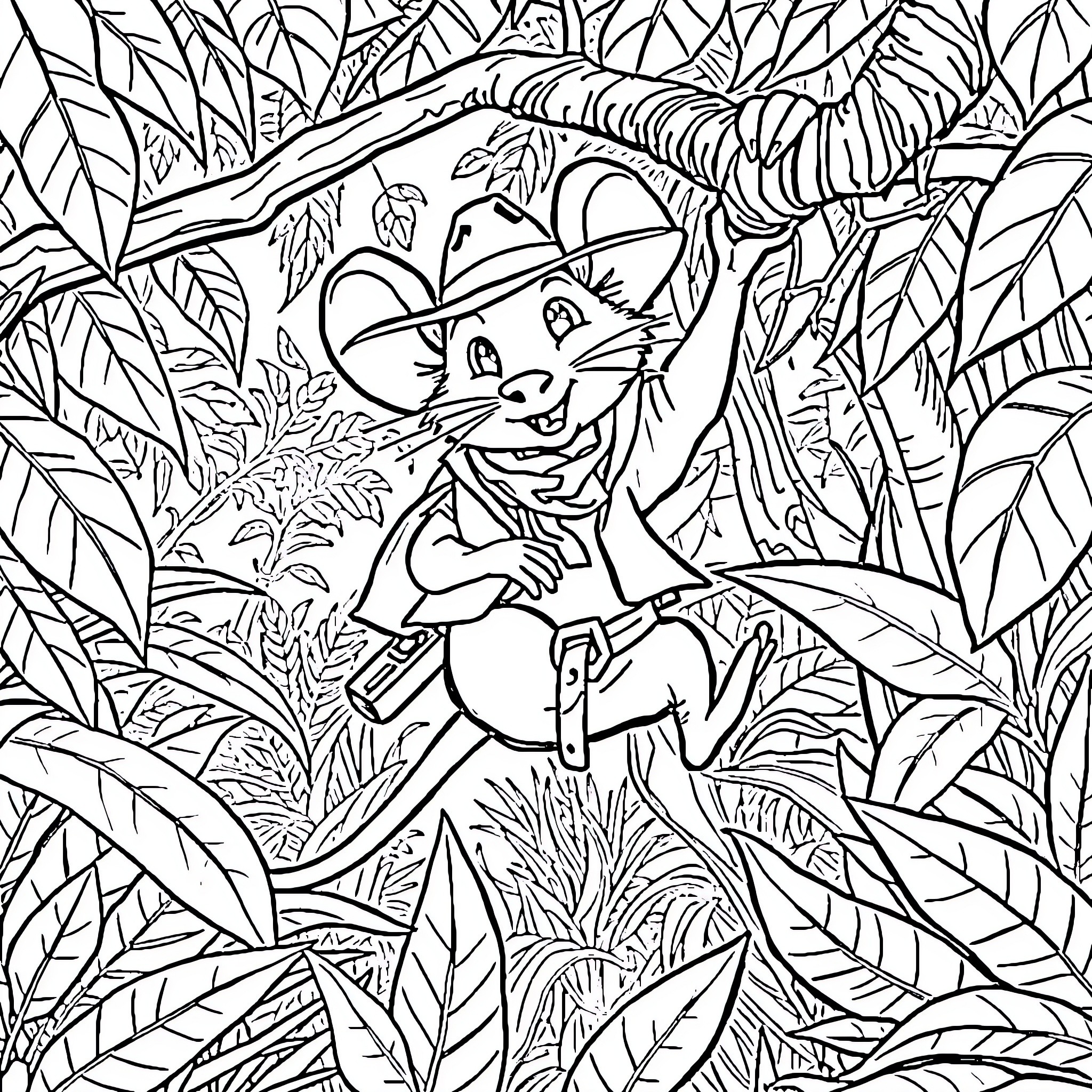 Mouse adventuring through lush foliage Coloring Page (free black-and-white line drawing printable PDF for all, from beginners to advanced learners, including children, teens, adults, and seniors)