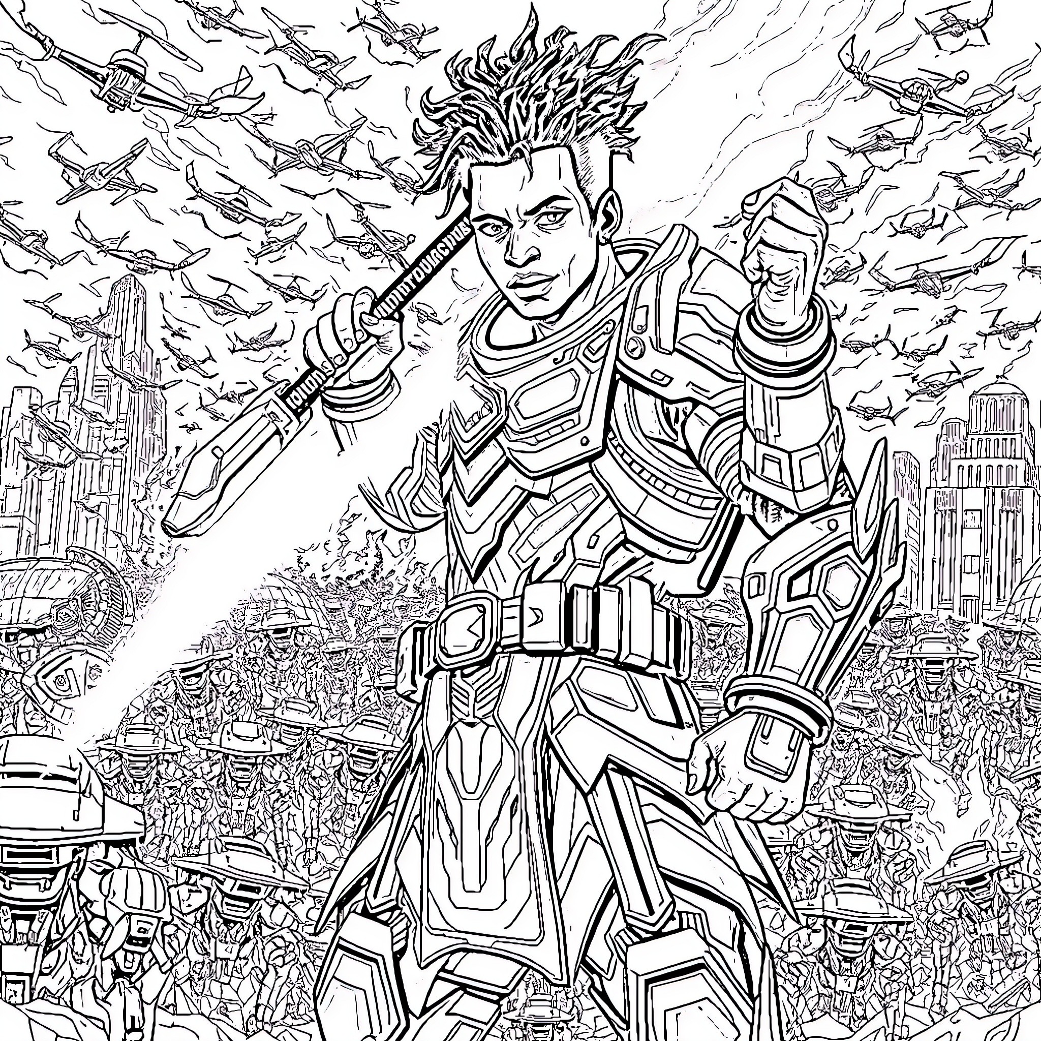 Hero battles fiercely amidst chaos and destruction Coloring Page (free black-and-white line drawing printable PDF for all, from beginners to advanced learners, including children, teens, adults, and seniors)