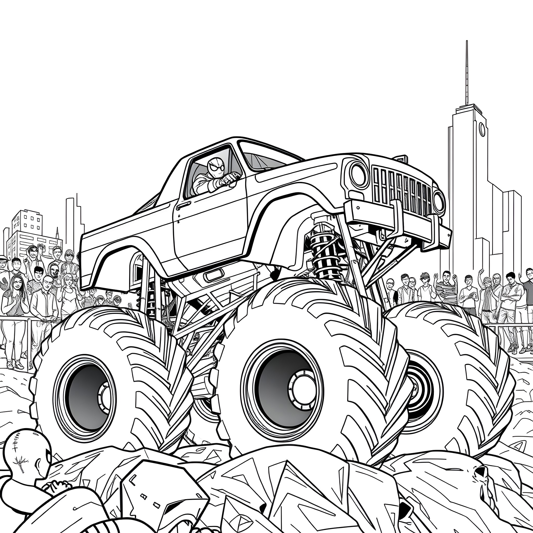 Spider-Man Rides a Monster Truck through the City Coloring Page (free black-and-white line drawing printable PDF for all, from beginners to advanced learners, including children, teens, adults, and seniors)