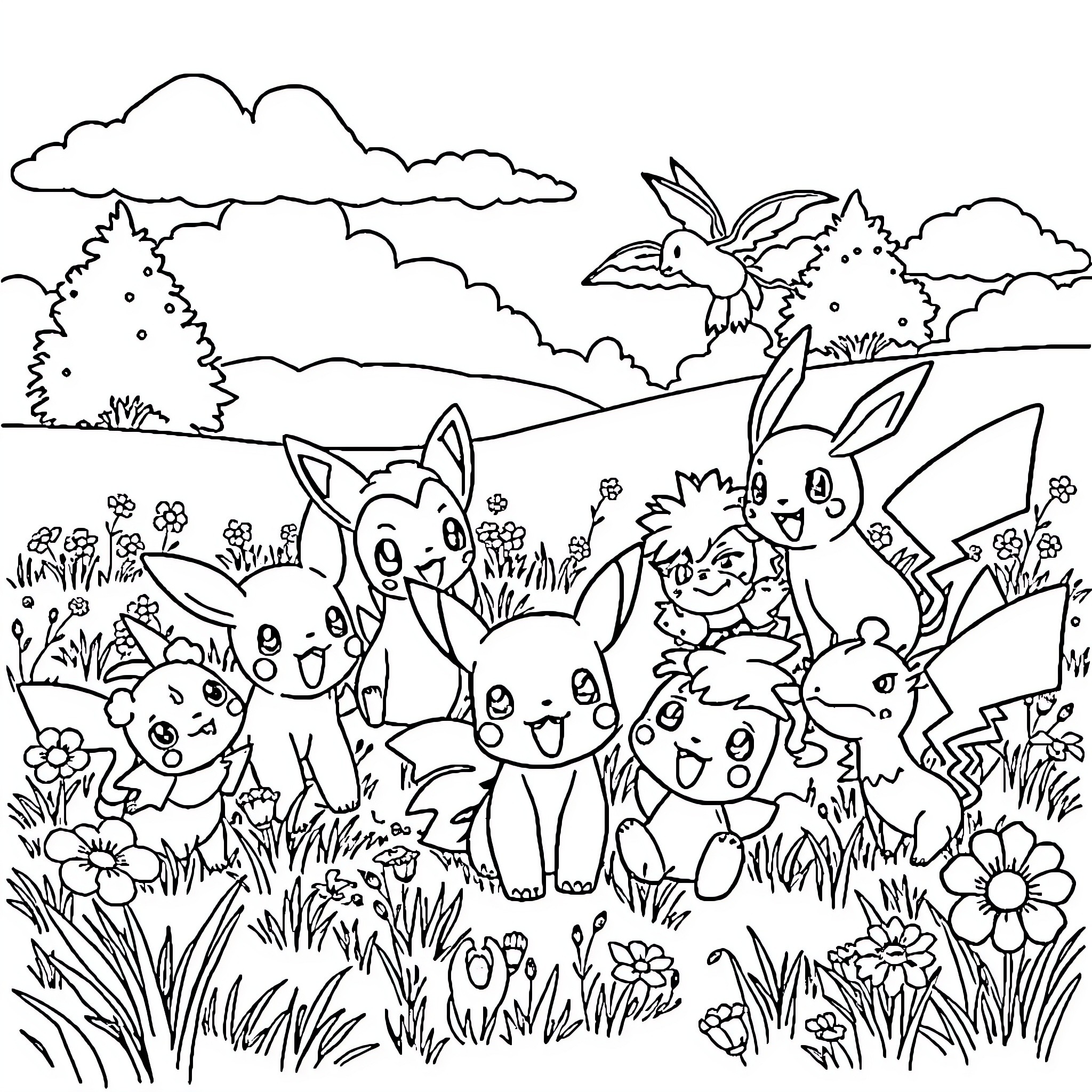 Pokémon enjoying an outdoor adventure Coloring Page (free black-and-white line drawing printable PDF for all, from beginners to advanced learners, including children, teens, adults, and seniors)
